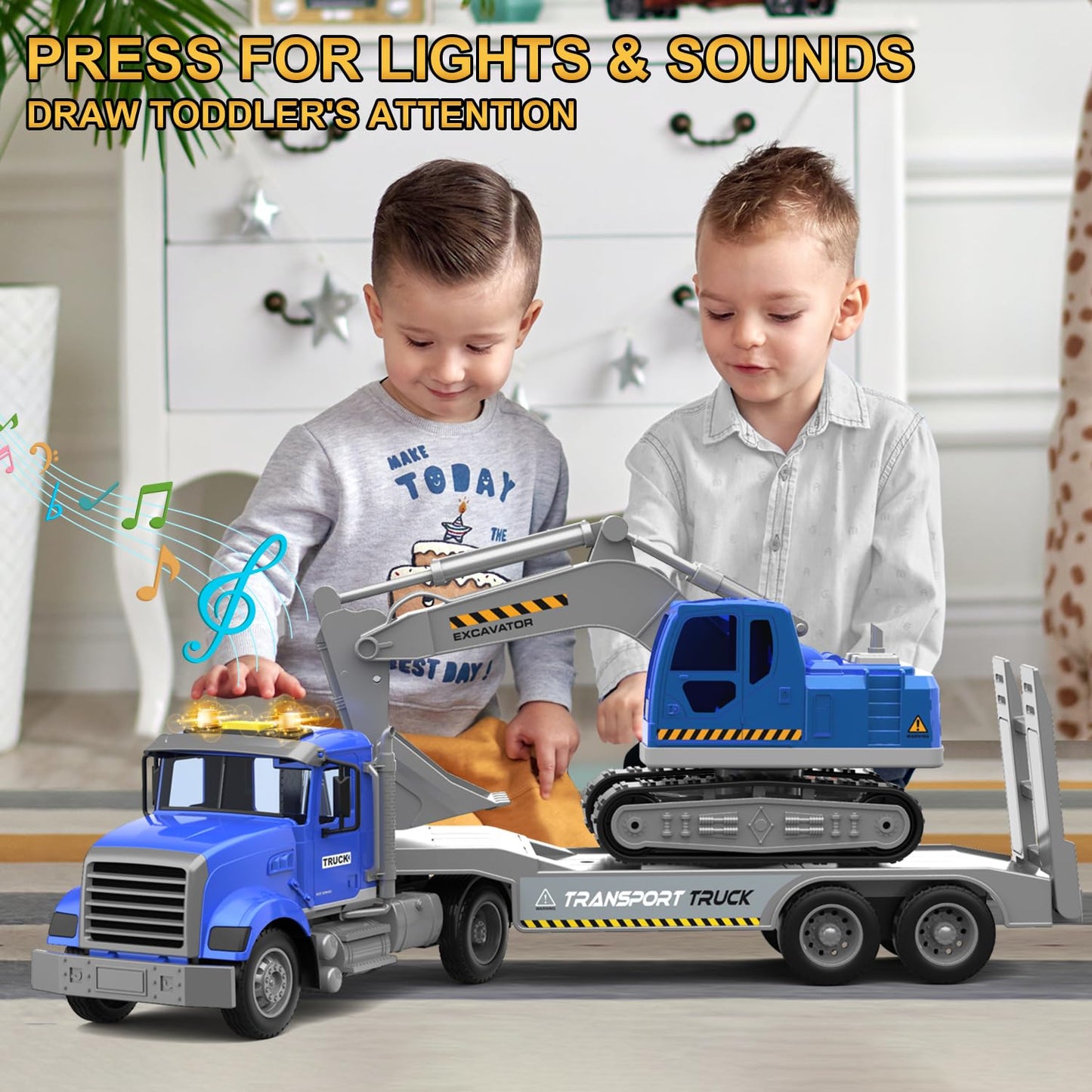 DOWELLIN Transports Trucks Kids Toys, 22" Large Semi Truck Toy Carrier and Excavator Truck with Sound&Light,Friction Powered Cars Toys Birthday for Boys Girls 3 4 5 6 7 8