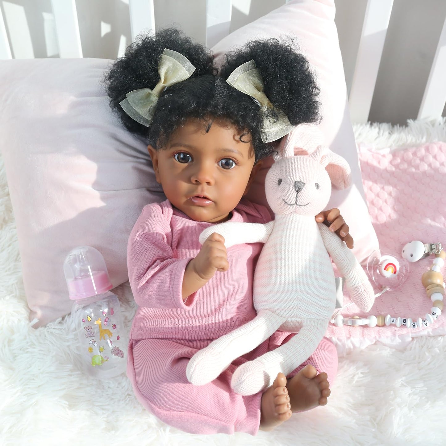 WOOROY Reborn Baby Dolls Girl Black African American - 20 Inch Realistic Newborn Baby Doll in Pink Outfit, Soft Cloth Body with Full Accessories, Gift for Kids Aged 3+