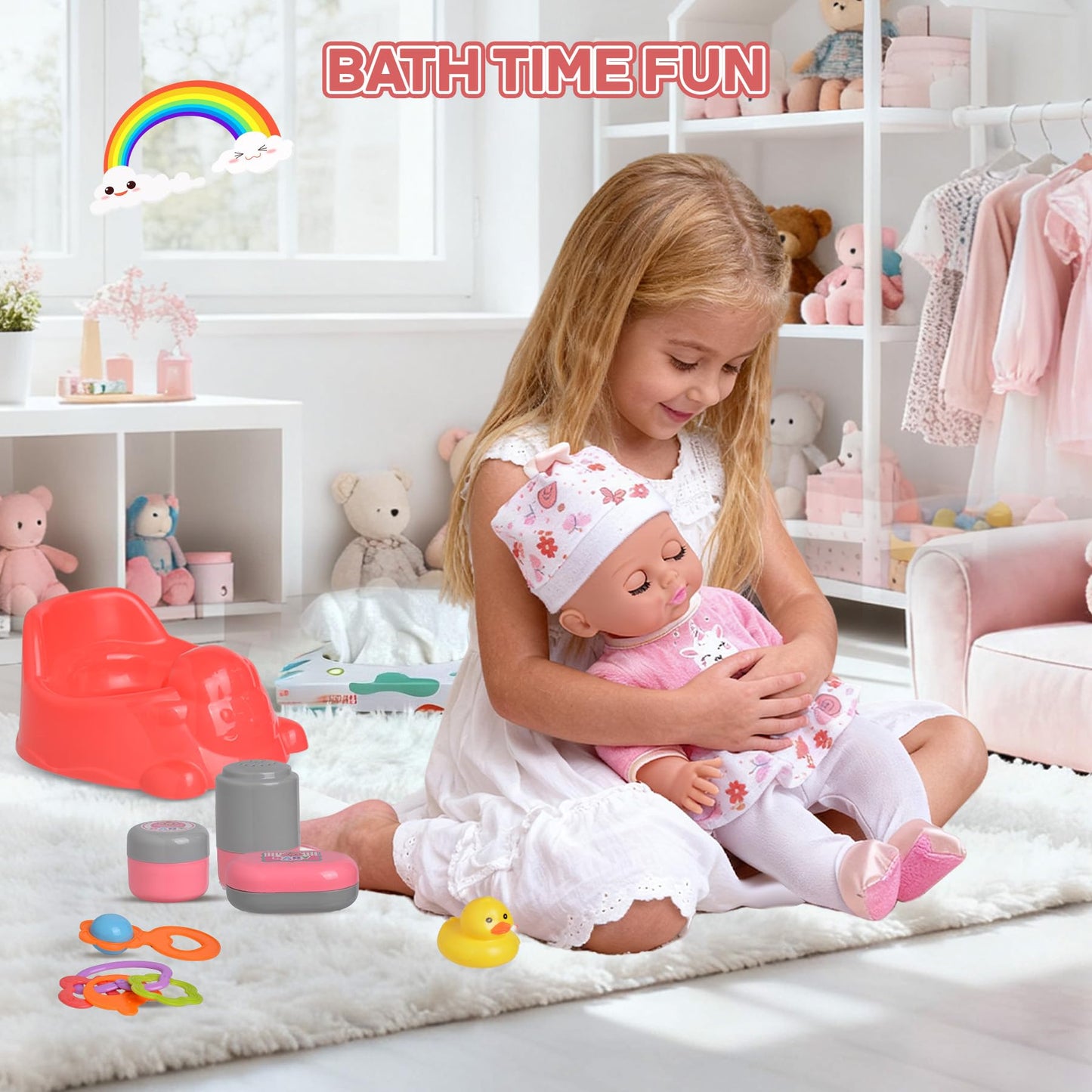 Baby Doll Stroller Set Toys with 12.5'' Baby Dolly, Baby Doll Accessories with Dining Chair&2 Set Clothes&Diaper Changing, Doll Playset for Kids, Pretend Play Girls Toys Gifts for Girls 3 4 5 Year Old