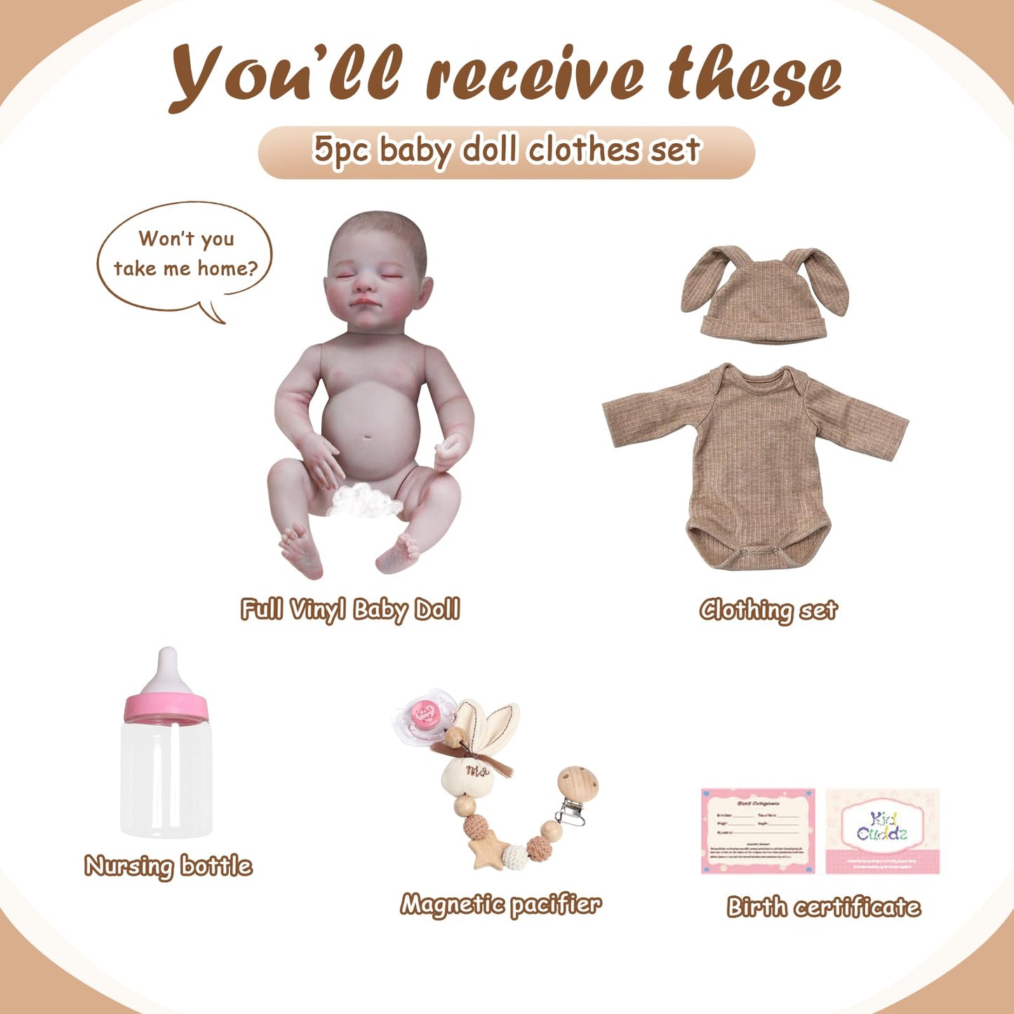 KidCuddz Reborn Baby Dolls - 18 Inch Dolls Vinyl Full Body with Realistic Vein Details, Real Life Baby Doll，Includes Accessories for 3+ Year Old Girls Gifts
