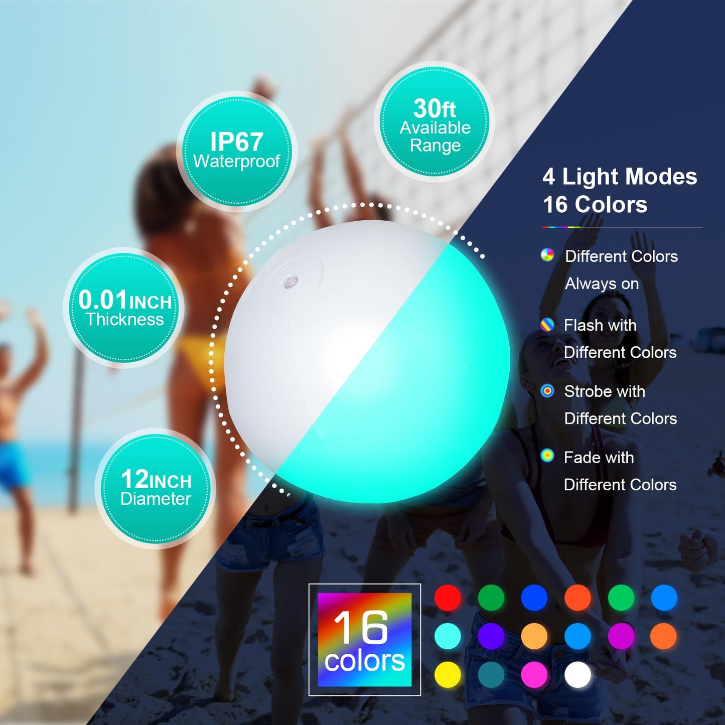 Icnice Pool Toys, LED Beach Ball, Glow in Dark Party Supplies, 4 Pack Inflatable Light up Ballon 12'' Floating Pool Light with Remote 16 Color 4 Mode (4 Pack)
