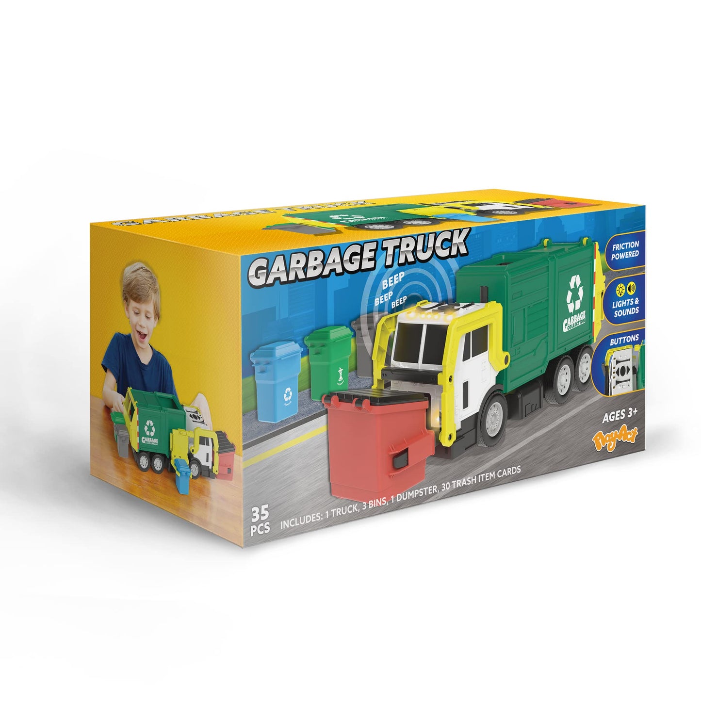 JOYIN Large Friction Powered Garbage Truck Toy Set, Includes 1 Dumpster, 3 Trash Bins, and 30 Learning Cards for Kids, Boy Toys Birthday Gift, Green