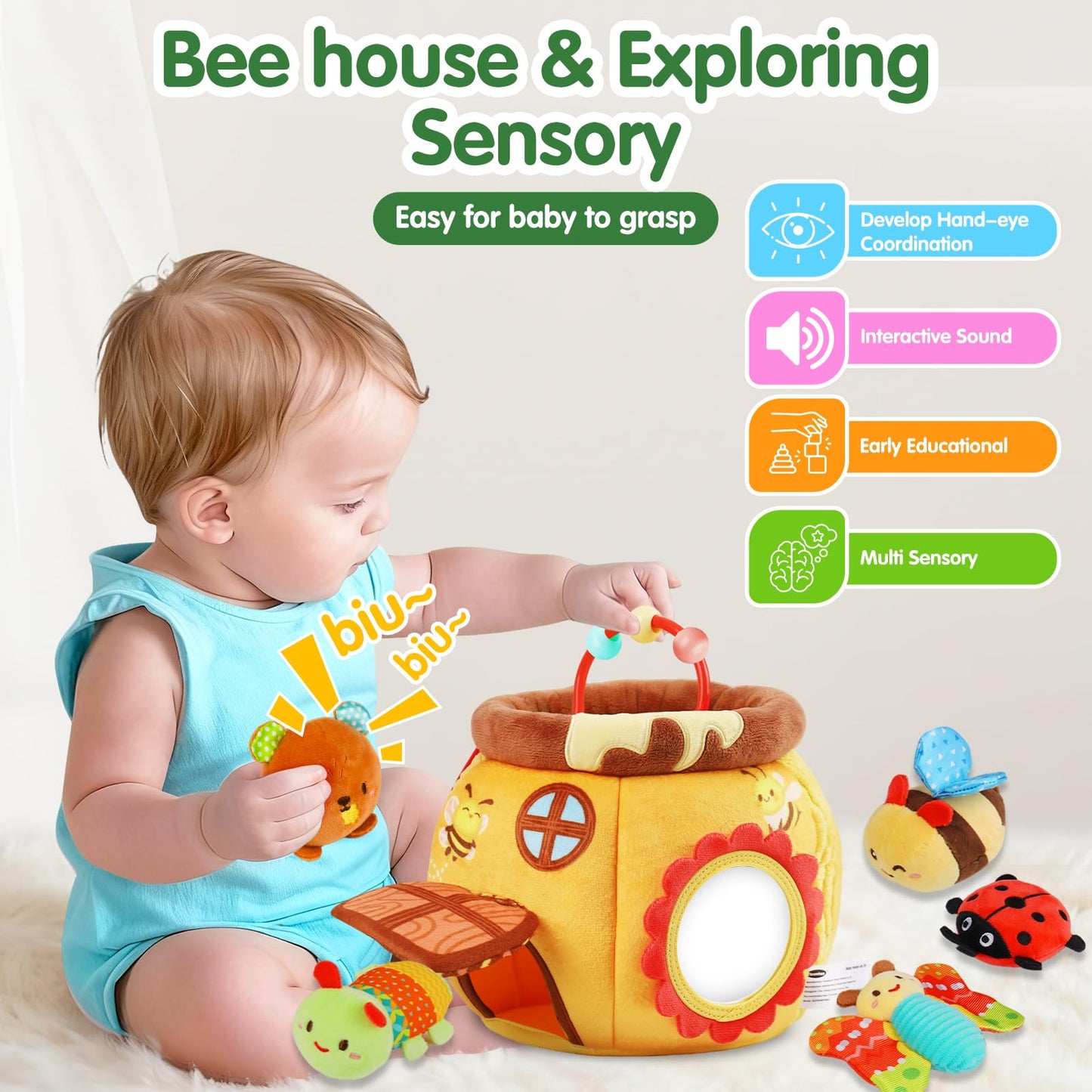 Thremhoo Baby Girls Toys 0-6 Month Music Animal Stuffed Caterpillar Toy & Soft Beehive with 5 Stuffed Animals, Rattle, Crinkle, Mirror, Montessori Sensory Toys