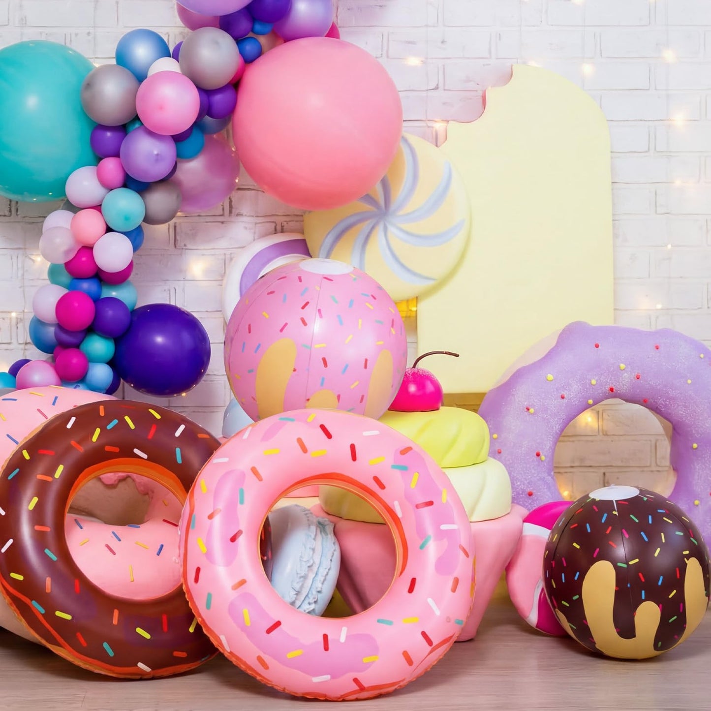 Soulchen 8 Pack Inflatable Donut Pool Floats 35.4" Donut Pool Floats Tubes with Beach Balls for Adults Doughnut Swim Tube Rings Blow up Floaties for Summer Swimming Beach Game Party Decors Supplies