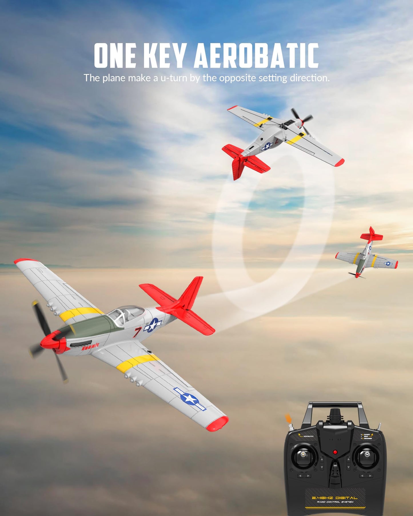 VOLANTEXRC RC Plane, 4 Channel Remote Control Airplane Fighter RTF with 6-Axis Gyro, 3 Modes & Aerobatics Easy to Fly, 2.4GHz Radio Controlled Aircraft for Beginners & Adults, P51D Mustang, Red