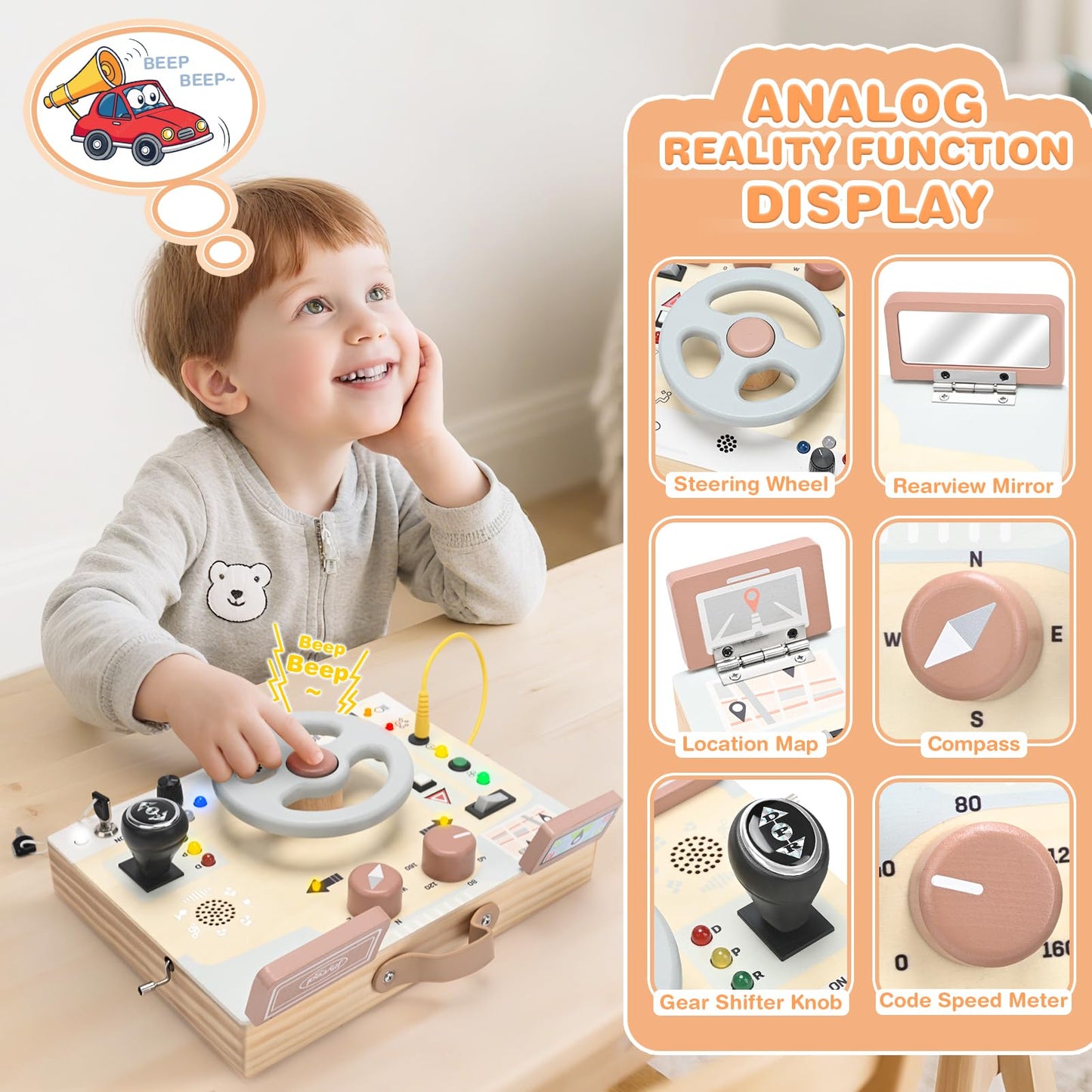 Joyreal Montessori Toddler Busy Board - Montessori Toys for 1 2 3 Years Old, Wooden Sensory Board with LED Lights, Steering Wheel, Music Player, Travel Toys for 1+ Year Old Boy & Girl Birthday Gift