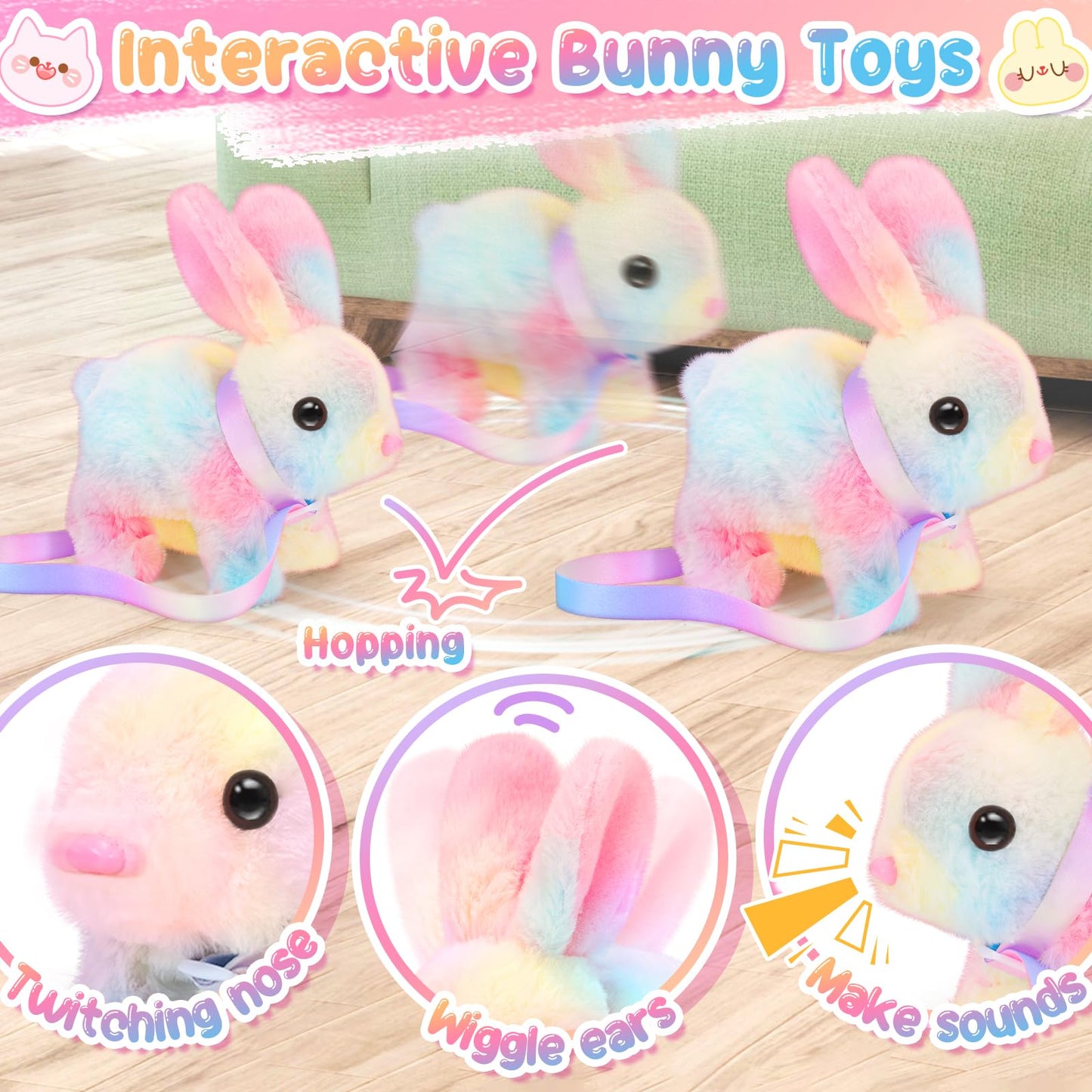 NINAOR Plush Interactive Bunny Toys for Kids with Tote Bags,Stuffed Robot Pet Rabbit with Leash Hopping Wiggle Ears Pretend Play,Realistic Cute Fidget Toys for Toddler Stocking Stuffers Birthday Gifts
