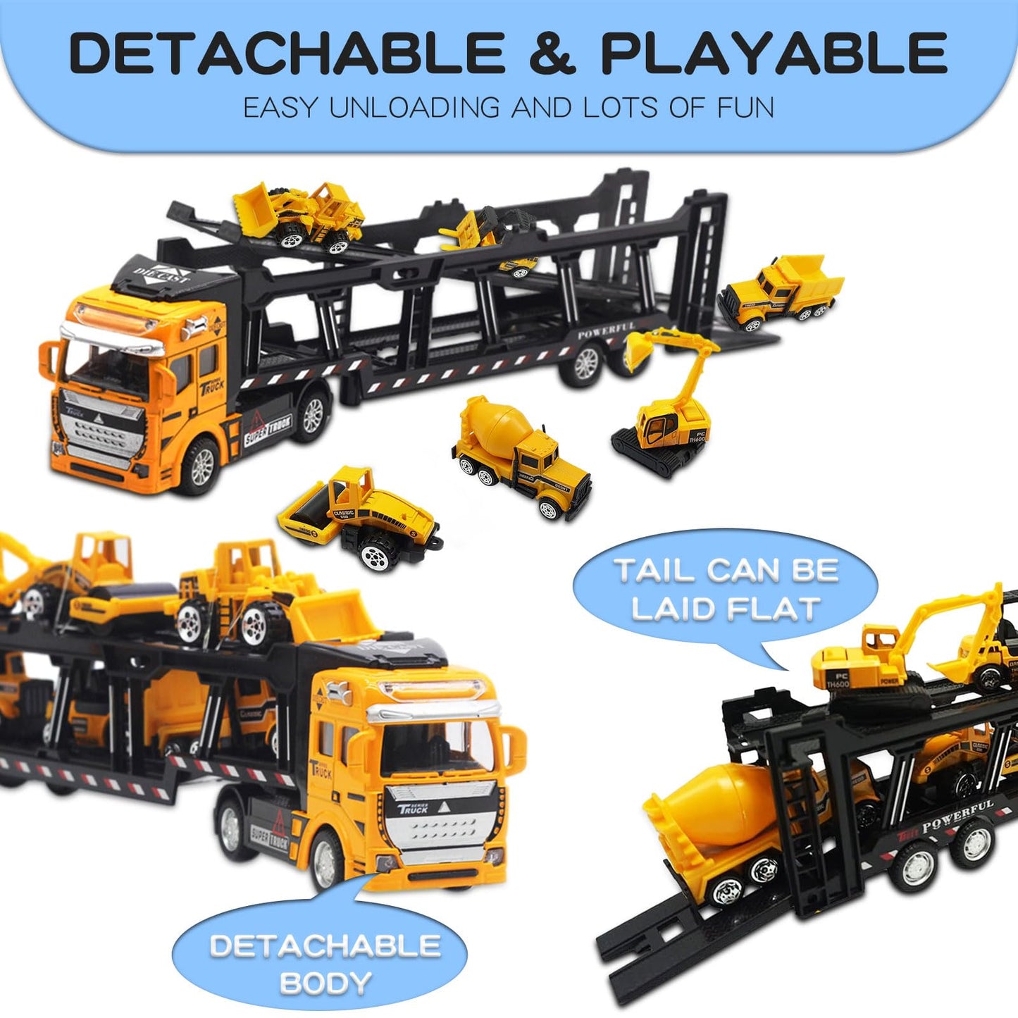 OTONOPI Car Transport Truck Toy Construction Diecast Cars Play Vehicle Set Carrier Trailer Truck with Mini Crane Excavator Digger Dumper Tractor for Kids Pack of 7