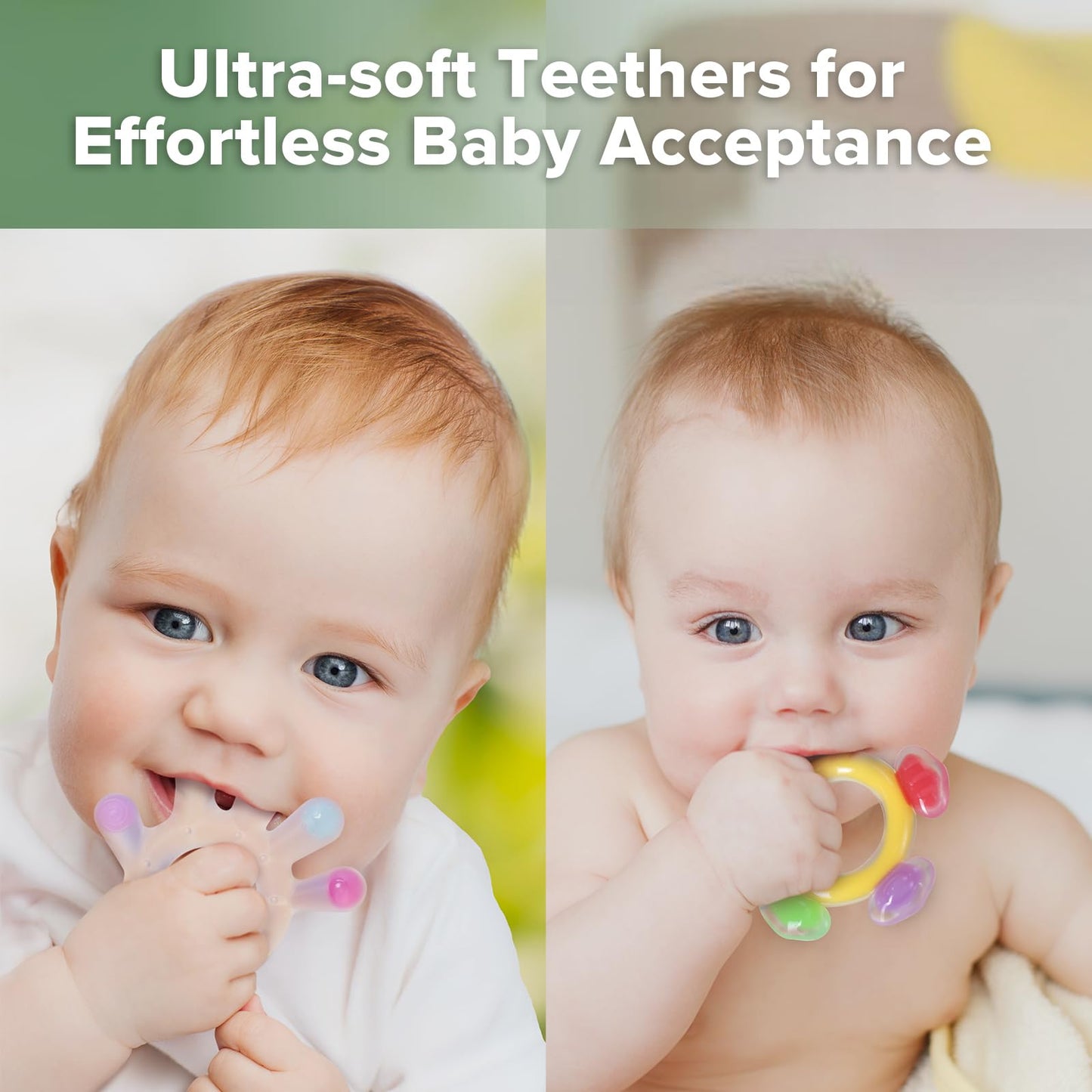 Haakaa Silicone Teether Set-Baby Freezer Teething Toy-Twin Flower Teether,Nipple-Shaped End for Gum Massage,360° Baby Toothbrush Head for Self-Brushing Training