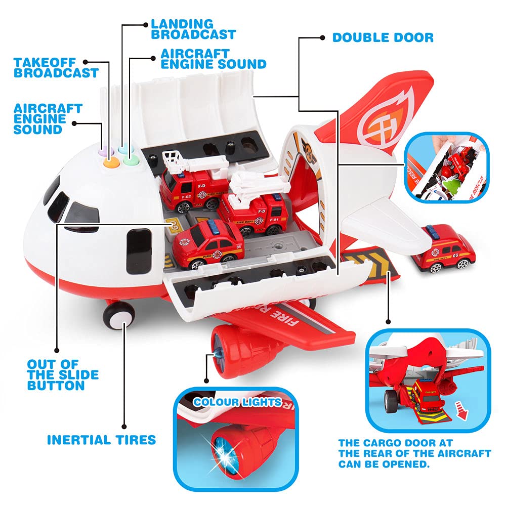 Dwi Dowellin Airplane Toys with Fire Truck Cars Toy Set and Play Mat,Plane with Light Up and Sounds,Birthday Gift for 3 4 5 6 Years Old Kids Boys Girls(Medium)