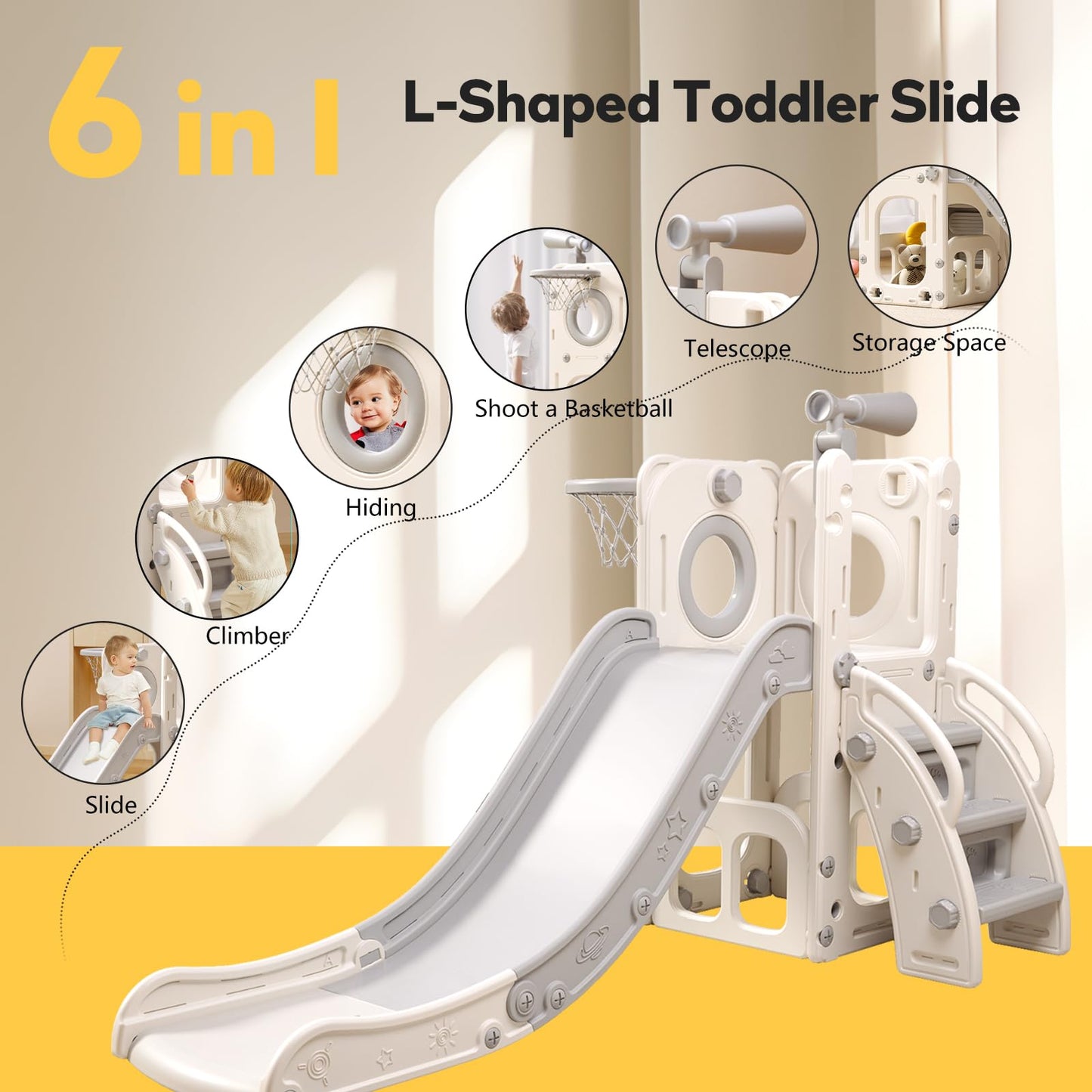 Baotree 6 in 1 Toddler Playset with Slide, Kids Slide with Basketball Hoop, Ball, Ring Toss, Indoor Outdoor Toys (White Grey)