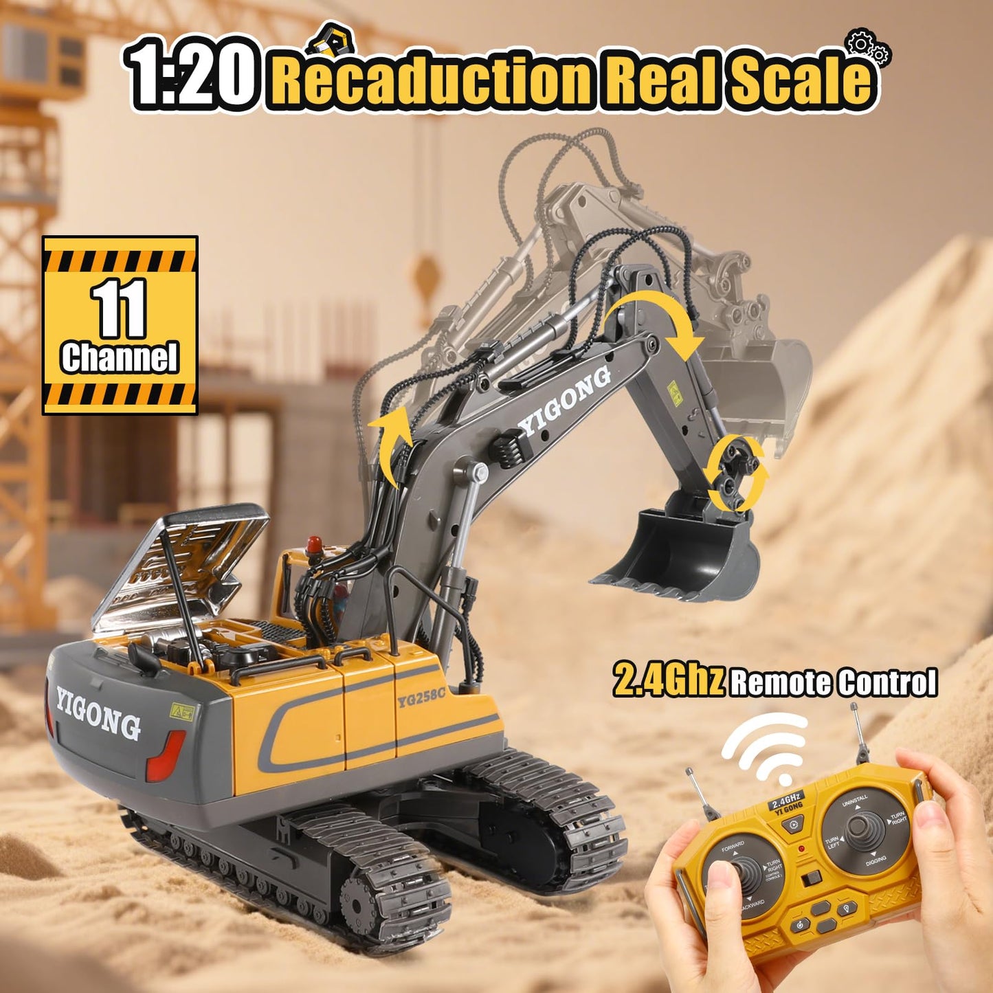 LUDILO Remote Control Excavator Toys for 6 7 8 Year Old Boys Gifts, 11CH 2400mAh 2.4GHz Cars RC Excavator Construction Toy Truck Digger Metal Shovel Sound Light, Kids Boys Toys Age 6-8 Birthday Gift