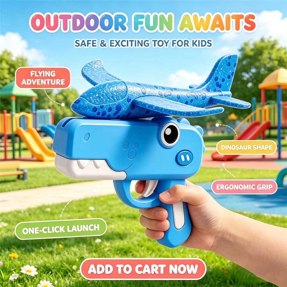 Cute Dinosaur Airplane Launcher Toy -Boxed Version, 8'' Foam Glider Plane - Outdoor Flying Catapult Toy - Fun Birthday Gifts, Easy to Launch Foam Aircraft (Blue)