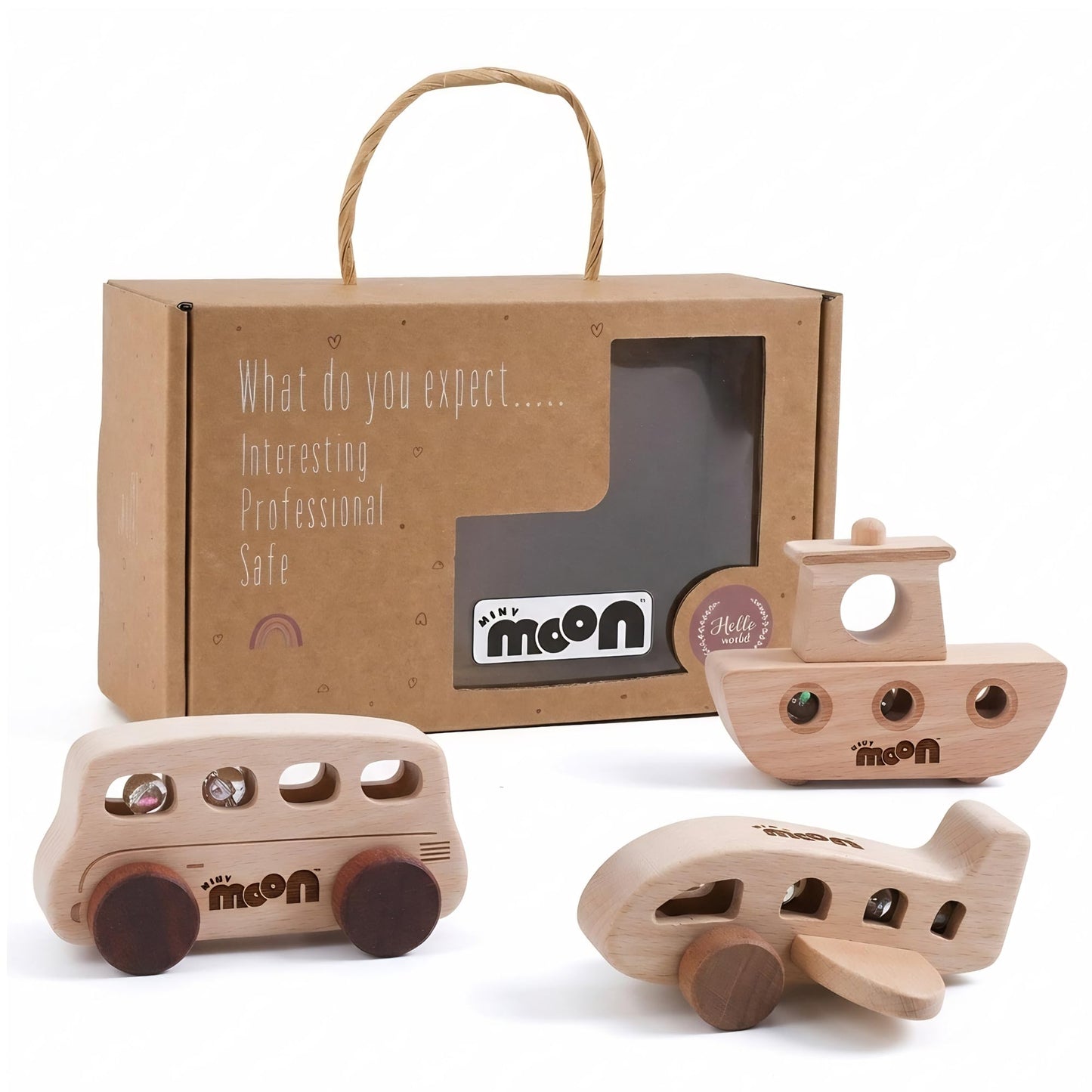 MINYMOON Wooden Toys for 1 Year Old – Montessori Baby Toy Set with Bus, Airplane & Boat – Minimalist Nursery Decor & Teething Safe Infant Toys for Boys and Girls – 3 Piece Ergo-Fit Toddler Car Set
