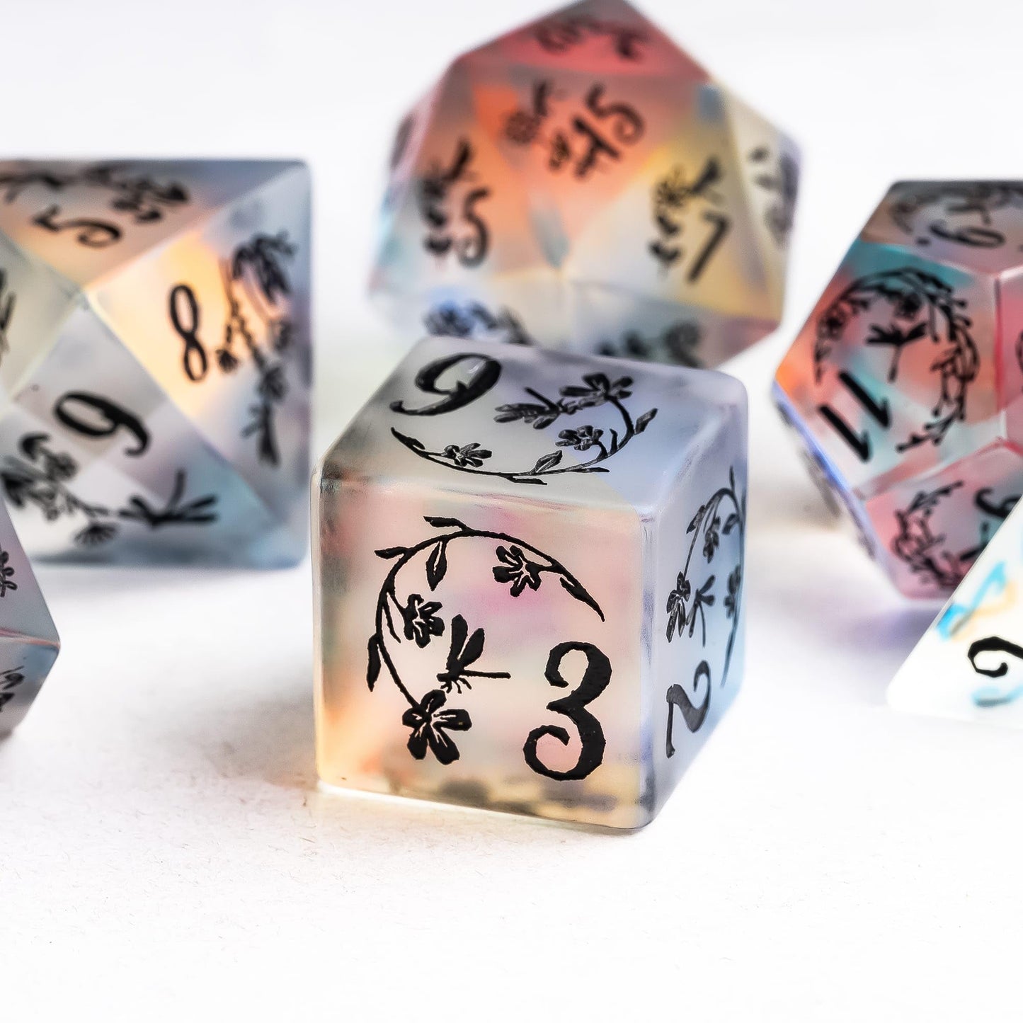 UDIXI Frosted Prism Glass Dice Set D&D RPG Dice Set with Leather Gift Box for Role Playing Games(Dragonfly and Flower)