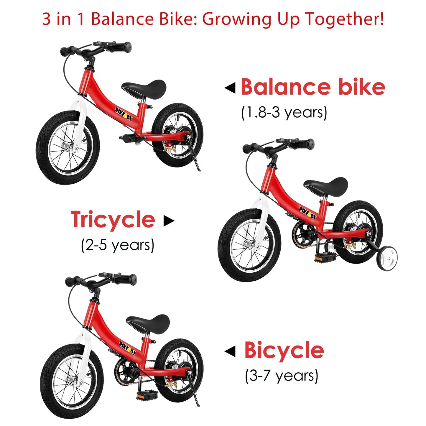 bikeboy Balance Bike 3 in 1,The Dual Use of a Kids Balance Bike and Toddler Bike, for 2 3 4 5 6 7 Years Old -12 14 16 Inches with Training Theory, Brake, Pedal