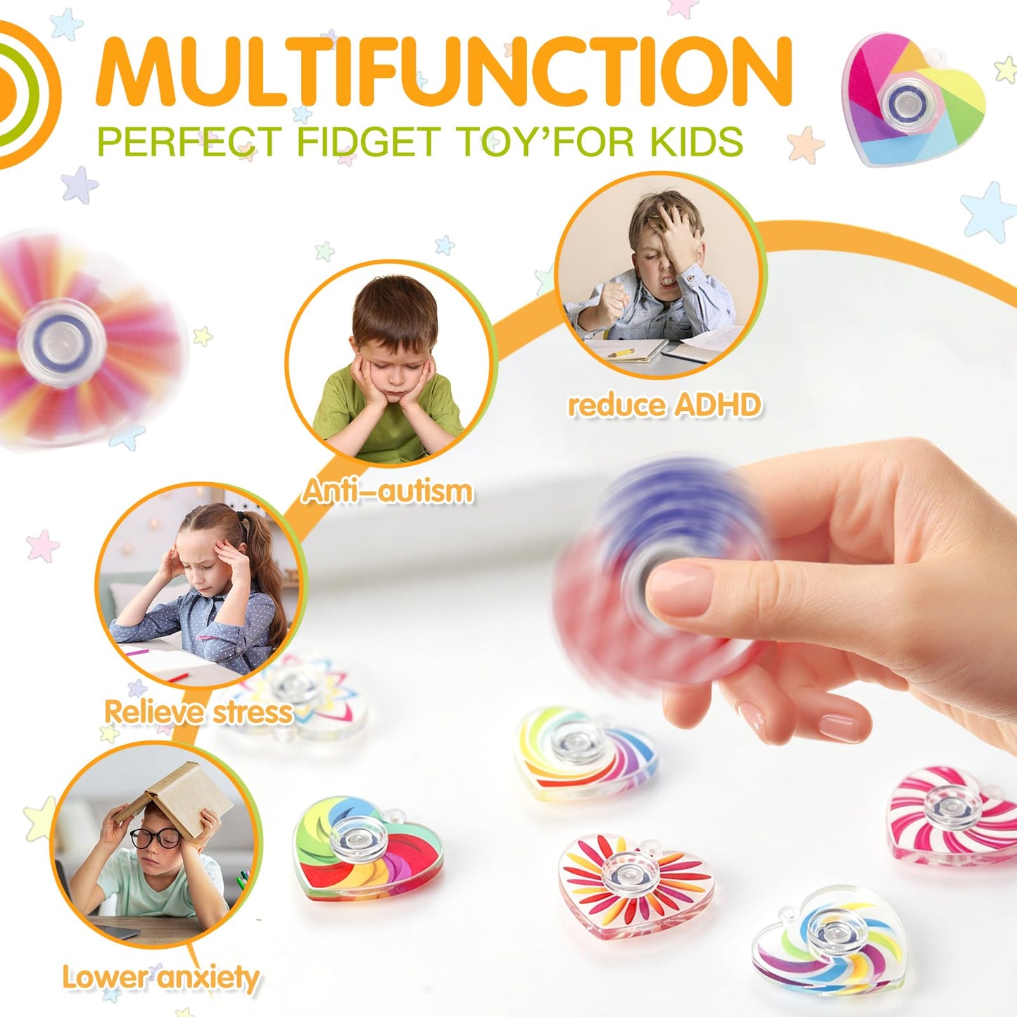 Heart Fidget Spinner Party Favors, 30 Pack, 2-in-1 Sensory Rotating Pendant Toys, Stress Reducer for Kids and Adults, Autism Anxiety Relief, Classroom Rewards