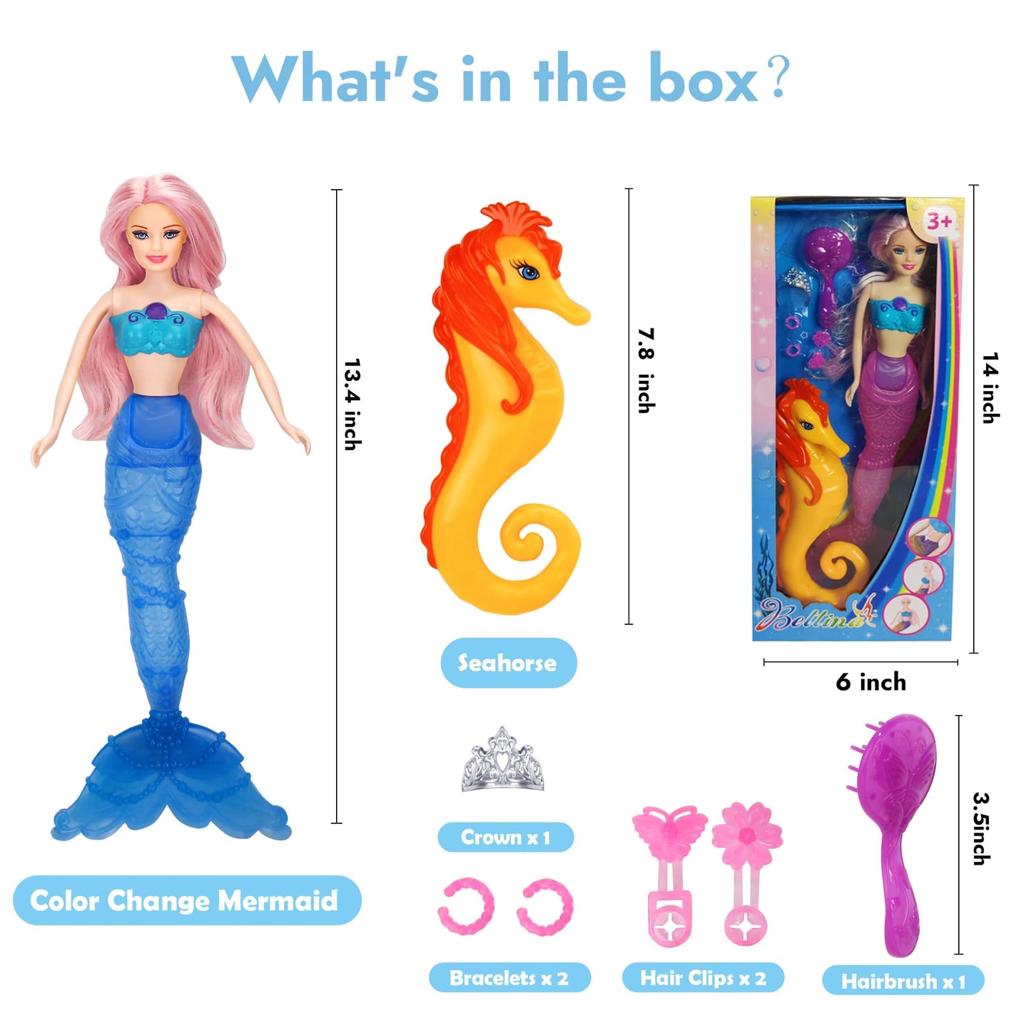 BETTINA Princess Doll with Seahorse Play Gift Set | Magic Color Changing Mermaid Doll, Princess Mermaid Toy with Seahorse & Dolls Accessories