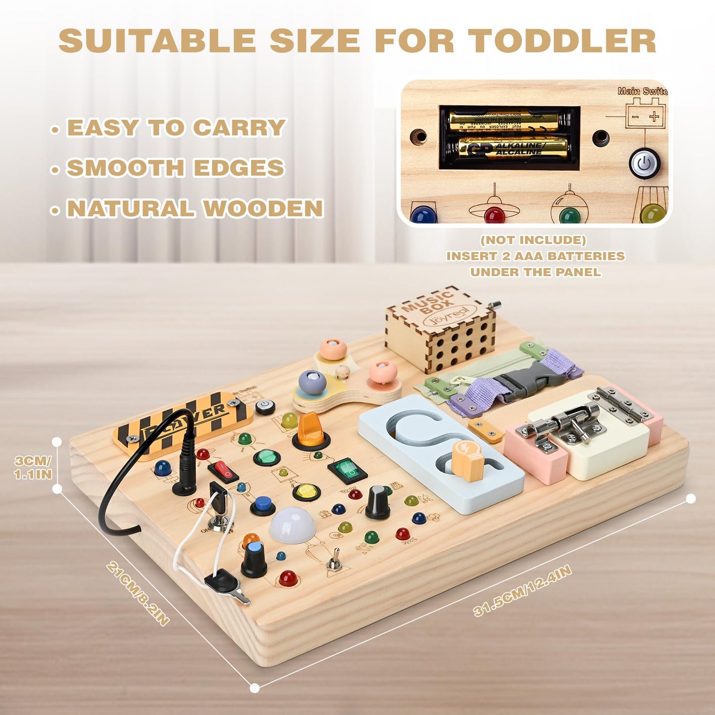 Joyreal Wooden Busy Board Montessori Toys for Toddlers, Sensory Activity Board with LED Lights, Music Box & Locks, Educational Learning Toy Gifts for Boys and Girls