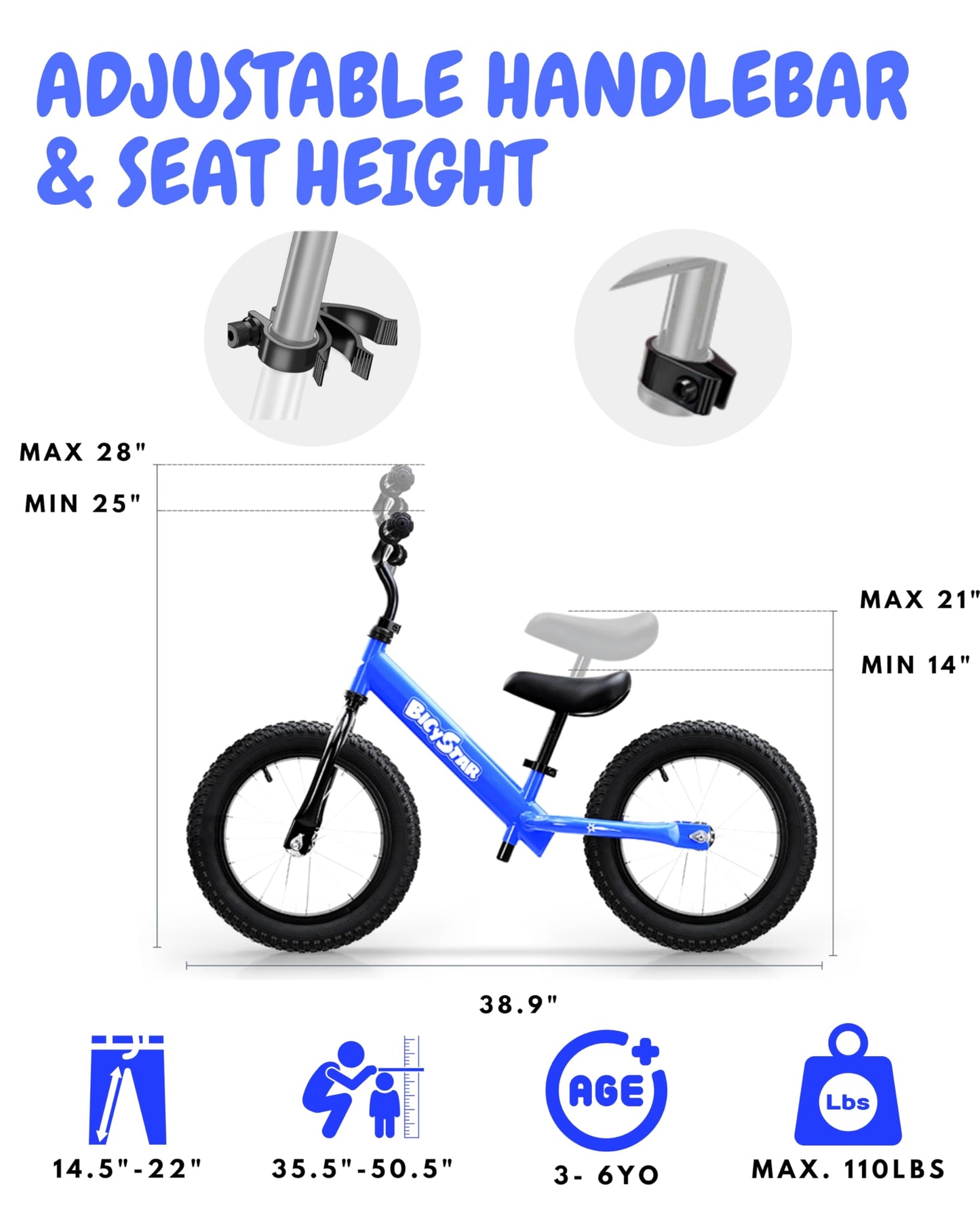 Bicystar 14 Inch Balance Bike for Kids 3-6 Year Old, No Pedals, Air Rubber Tires, Adjustable Height, Pedalless Bicycle for Boys, Girls, Dark Blue