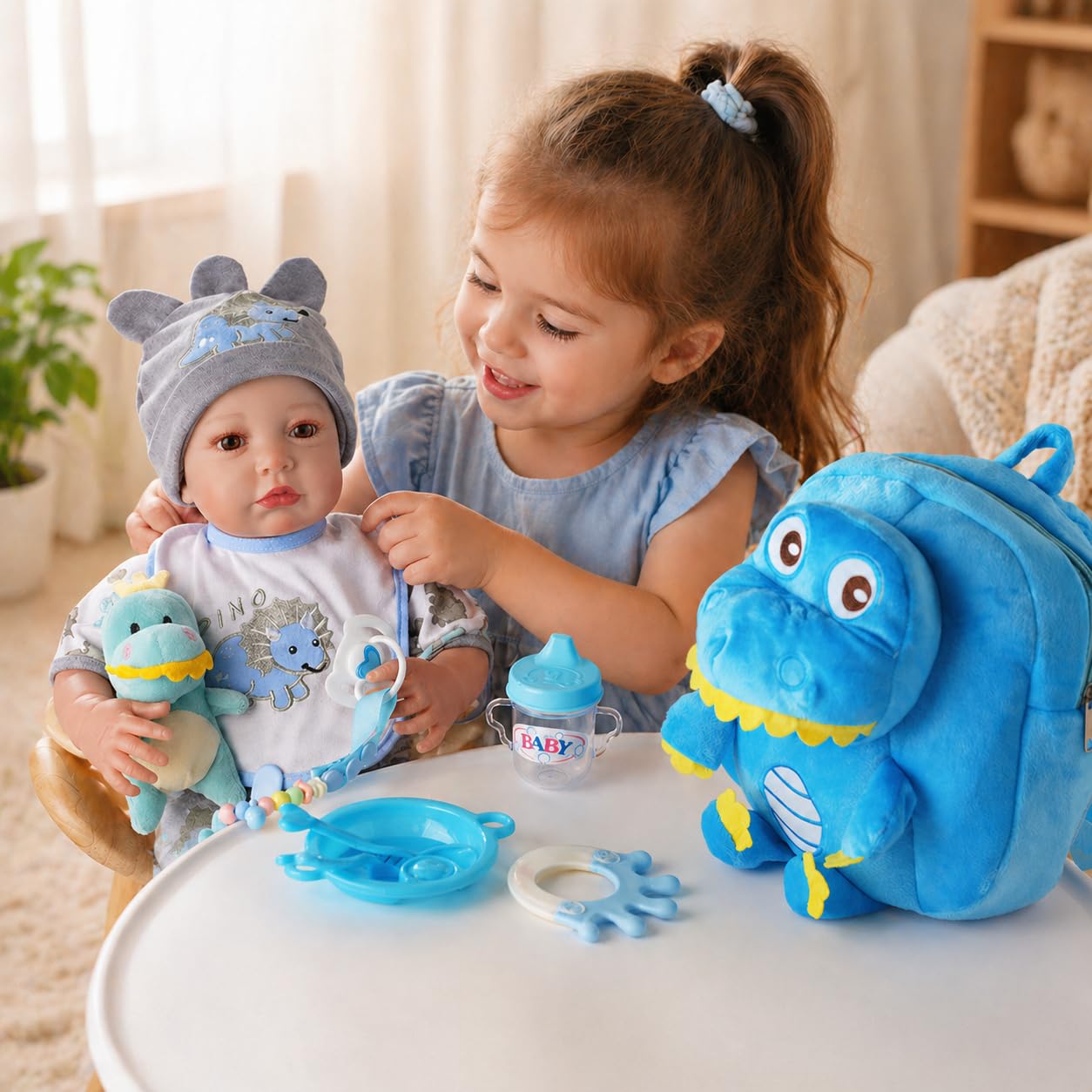 BABESIDE Baby Doll Accessories for 17-22 Inch Dolls – 18 Piecs Dinosaur Reborn Baby Doll Accessories Set with Baby Doll Clothes, Backpack, Feeding Set, Birthday Gift for Boys & Girls,No Doll