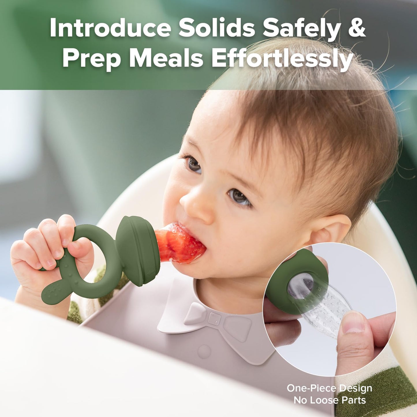 Haakaa Baby Fruit Food Feeder & Mini Freezer Nibble Tray Combo, Breastmilk Popsicle Molds for Baby Cooling Relief, BPA Free Silicone Feeder for Safe Infant Self Feeding, 4 Month+(Olive Green)