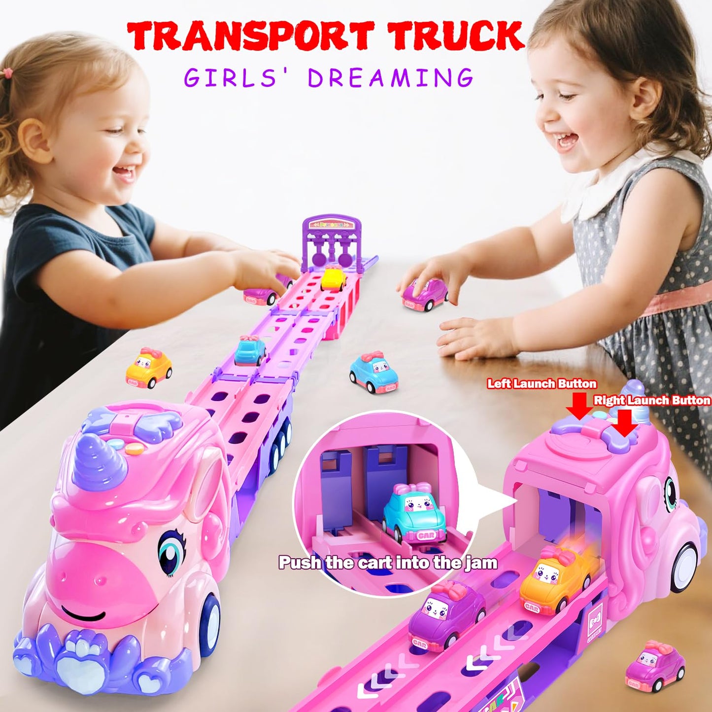 Unicorn Truck Toys for 2 3 4 5 6 7 Year Girl Toddler Foldable Track 2 Player Race Mode Friction Power Toy Cars Light&Sound Push Transport Carrier W/ 6 Princess Cars Birthday Gift Idea for Kids Girls