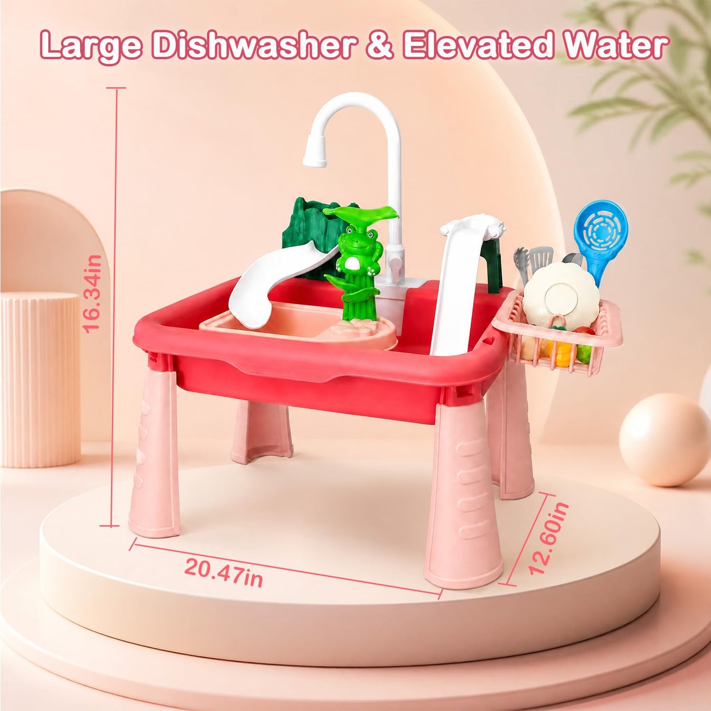 Hechify 2026 Upgraded Toddler Water Table, 4-in-1 Play Sink with Real Running Water & Pump, Kitchen Sink with Fishing Game, Outdoor Sensory Toys for Kids Toddler Baby Ages 1-3 4-8 (Red)