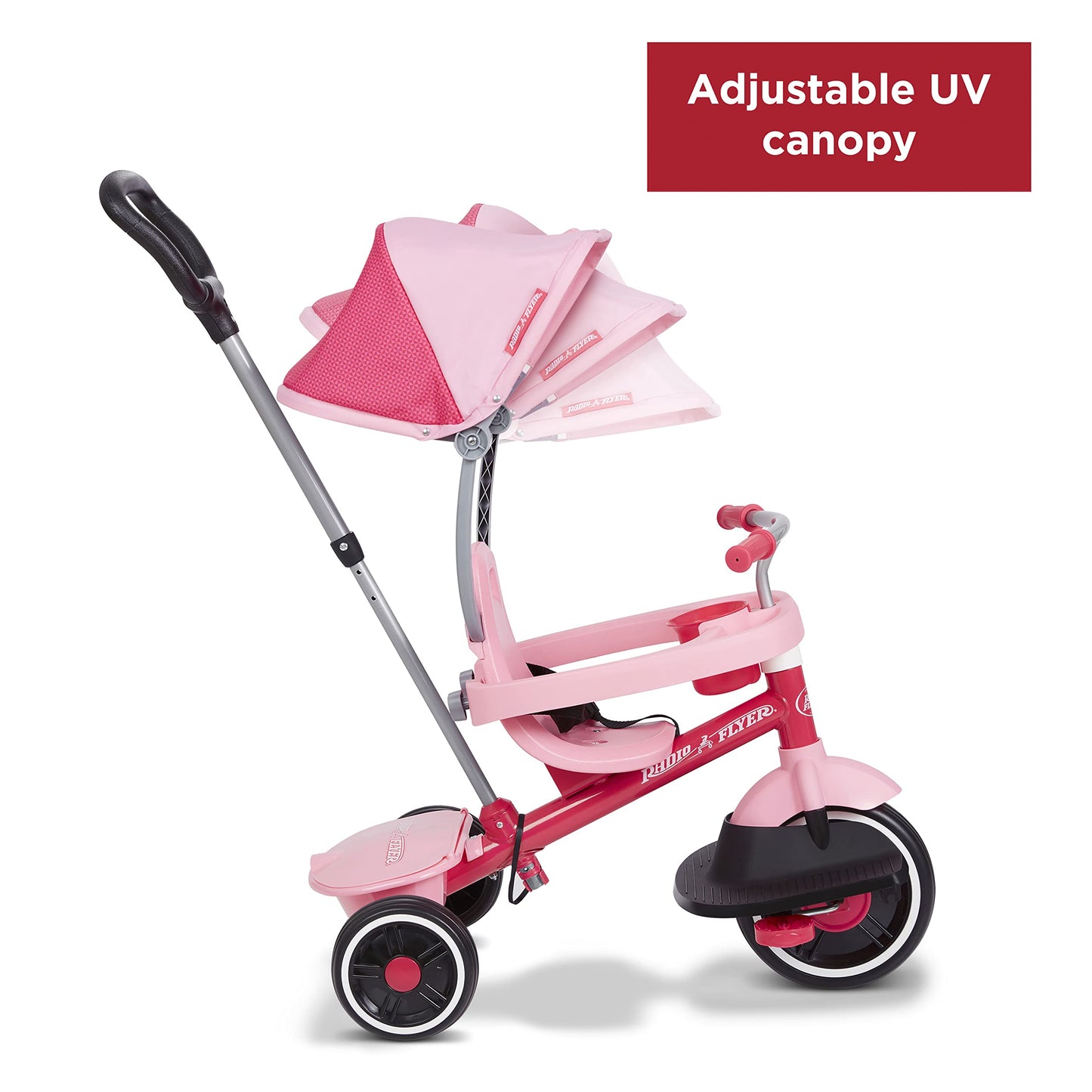 Radio Flyer 4-in-1 Pedal & Push Stroll 'N Trike, Ages 1-5, Toddler Tricycle & Stroller, High-Density Foam Tires, Parent Push Handle, UV Canopy, Removable Tray, Headrest & Seatbelt, Stroller Tricycle