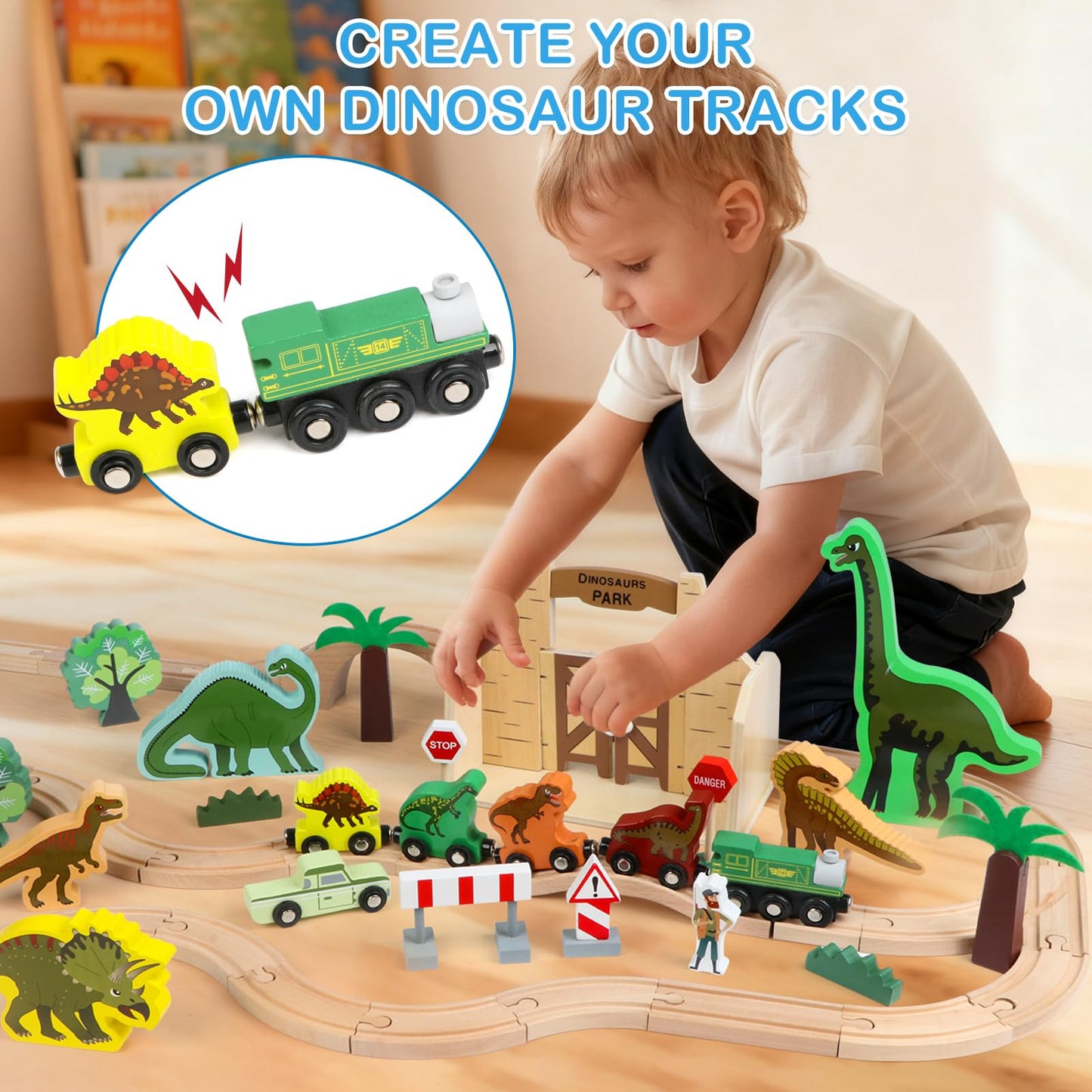 Canuan Wooden Train Set, Dinosaur Toys for Kids 3-5, Compatible with Major Brands, STEM Railway Playset, Ideal Wooden Train Track Set for 3 4 5 6 7 8 Year Old Kids Boy Girl