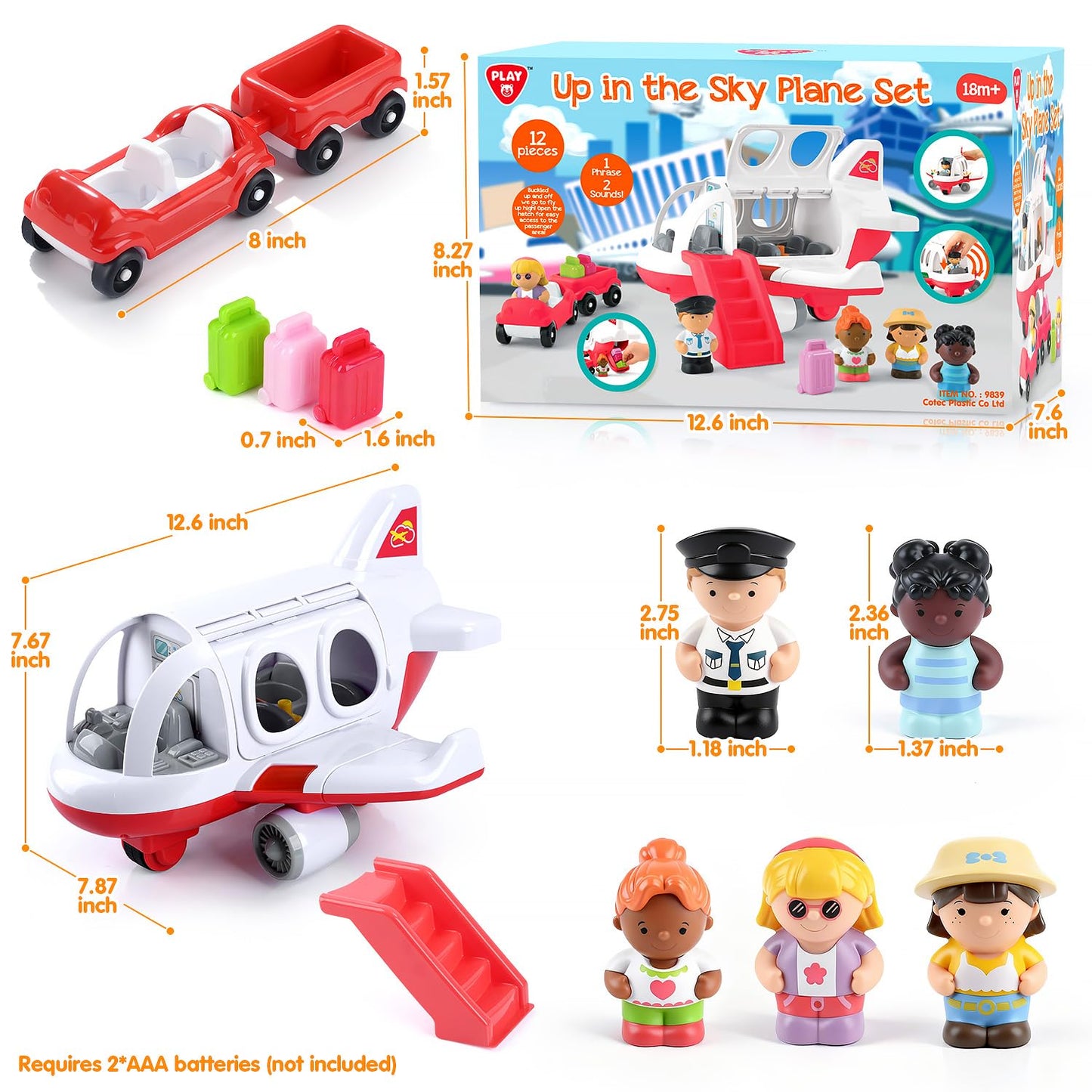 PLAY Airplane Toy for Kids - Toddler Airplane Toys Travel Plane Toys for Kids 2+ Years Old with Small Figures & Baggage Carrier, Musical Toy Airplane with Lights for Boys Girls Gifts Birthday (Red)
