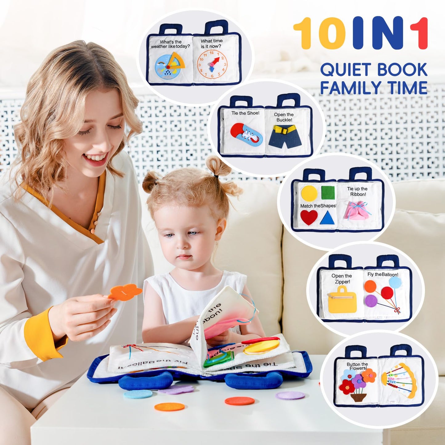 Jollybaby 10 Page Baby Soft Busy Books -My Quiet Book, Travel Toy & Montessori Sensory Educational, Preschool Learning Activities Toy for 1 2 3 Year Old Toddlers Boy Girl(Blue)