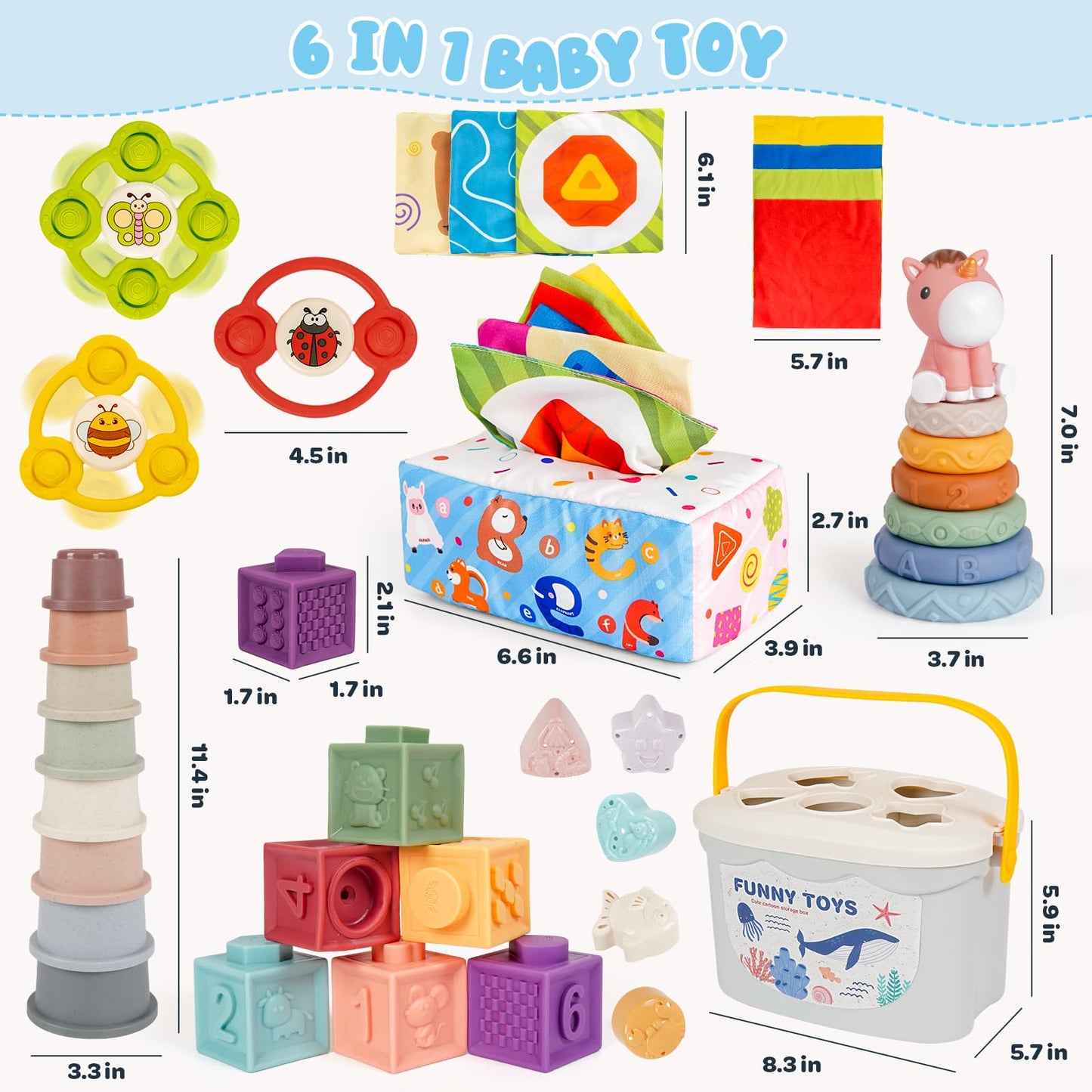 Wowlyntoy Montessori Toys for Babies 6-12-18 Months 6 in 1 Infant Toy Stacking Cups, Shape Sorter Box, Suction Spinner, Building Blocks Ring, Tissue Box, Learning Gift for Toddler 1 2 3 Year Old