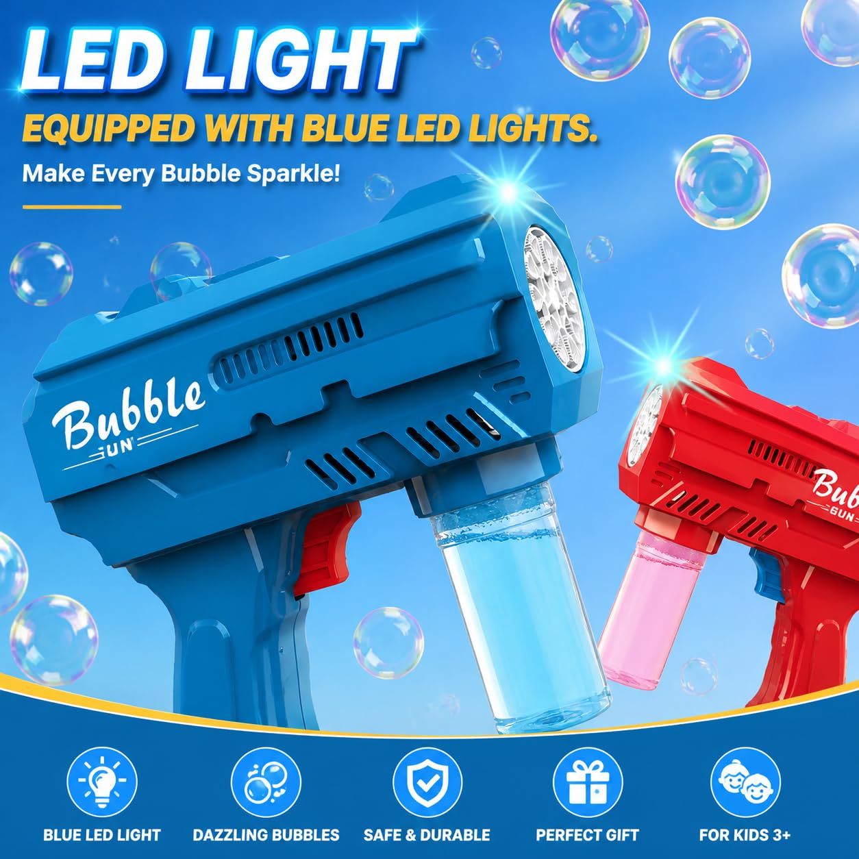 Kids Automatic Bubble Gun LED Light & Refill Solution – Leakproof Bubble Blaster, Outdoor Toys Toddlers 3-8, Birthday Gift, Easter Stuffer, Wedding & Party Supplies (Blue)