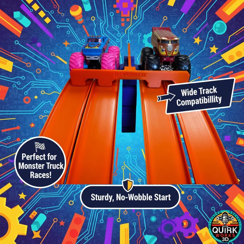 Monster Truck Track Clamp with 4 Lane Start Gate (Track NOT Included) | Compatible with Hot Wheels Track (Blue/Orange) | Eco-Friendly PLA | Made in USA | Monster Truck Track Accessory