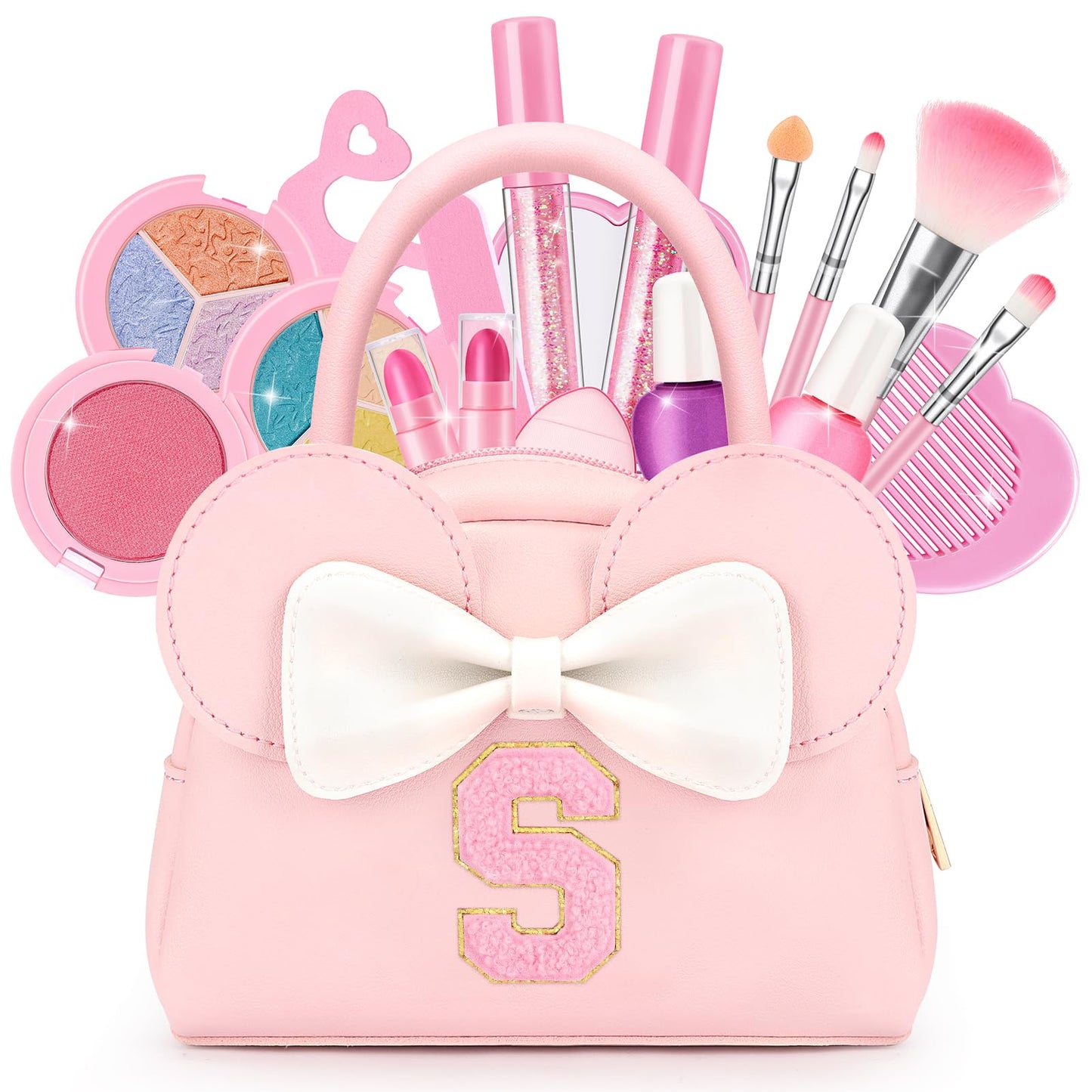 Kids Real Makeup Kit for Girls - 18Pcs Non-Toxic Washable Make Up Toys with Initial Toddler Purse - Personalized Birthday Gifts for Age 3 4 5 6 7 8 9 10 Years Old Girls Vanity Set - S
