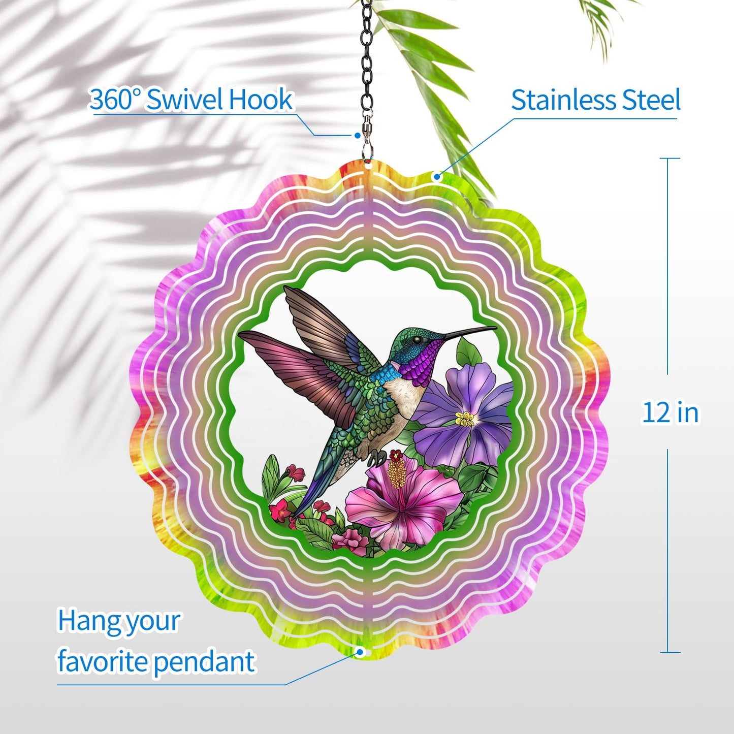 Hummingbird Wind Spinners Garden Decor as Birthday Gifts for Women Mom,12 inch 3D Stainless Steel Hanging Wind Spinner Metal Catchers Kinetic Sculpture for Outdoor Decor, Patio,Yard Decorations
