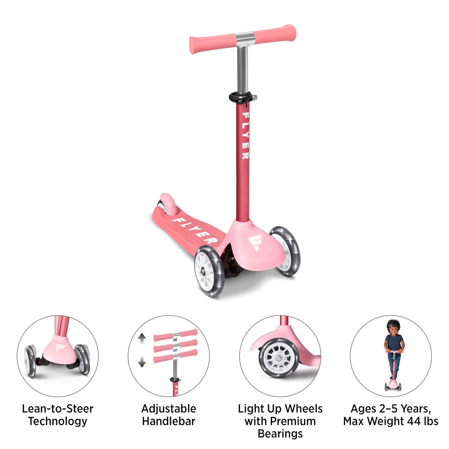 Radio Flyer Glider Jr. Scooter with Light Up Wheels, Pink, for Kids 2-5 Years Old, Lean-to-Steer, Adjustable Handlebar, Rear Foot Brake, Smooth Bearings, Comfort Grips, 3 Wheel Scooter for Kids