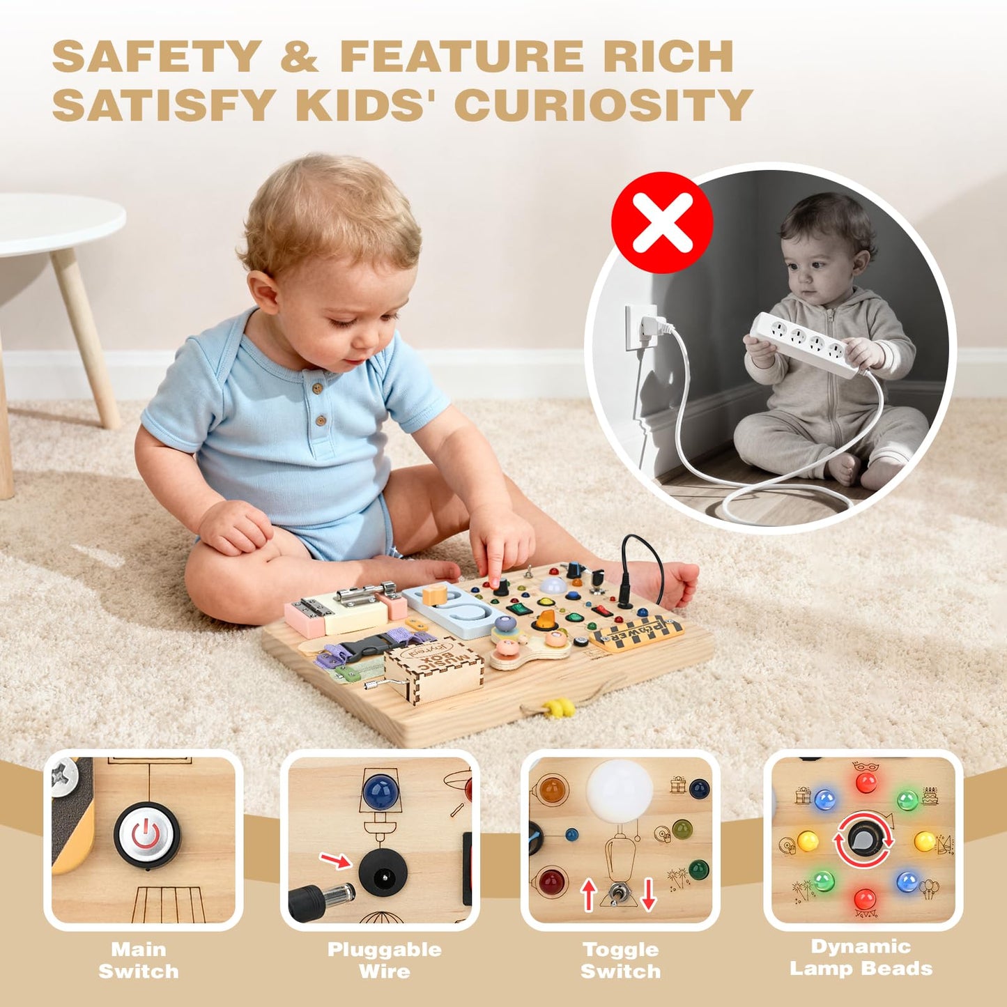 Joyreal Wooden Busy Board Montessori Toys for Toddlers, Sensory Activity Board with LED Lights, Music Box & Locks, Educational Learning Toy Gifts for Boys and Girls