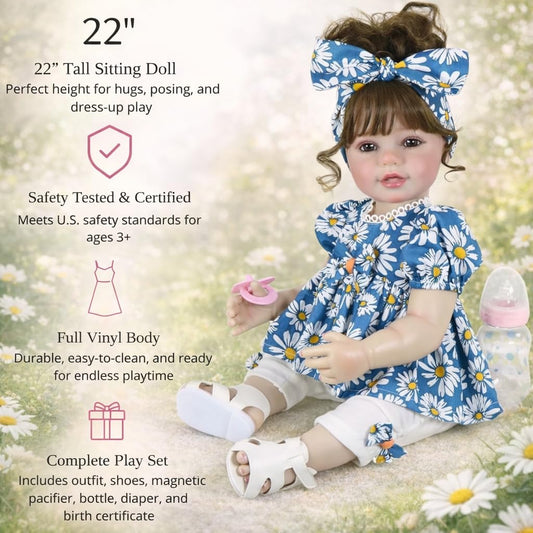 Sweet Daisy Dreams Reborn Toddler Doll – 22” Lifelike Poseable Doll with Rooted Brown Hair, Soft Full Vinyl Body & Daisy Outfit – Includes Pacifier, Bottle & Accessories – Ages 3+