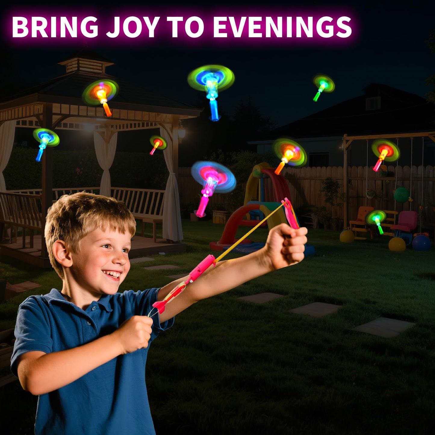 OceanWings LED Flying Set with Whistle,100 Slingshot+100 Glow Helicopter, Flying Toy Outdoor Toy Glow in The Dark Party Supplies Party Favors Bulk for Kids 8-12,4-8 Outdoor Camping Game