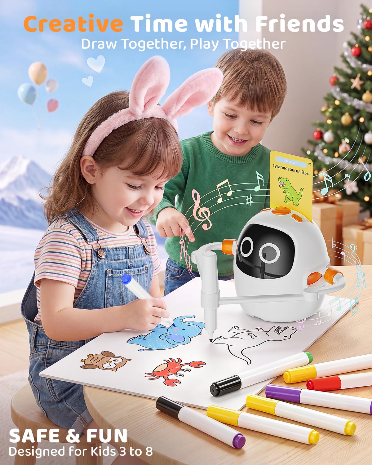 Drawing Robot for Kids Ages 3-8, Rechargeable Interactive Educational Drawing Machine with 200+ Cards & 12 Pens, Montessori Painting Learning Toy, Birthday for Boys & Girls