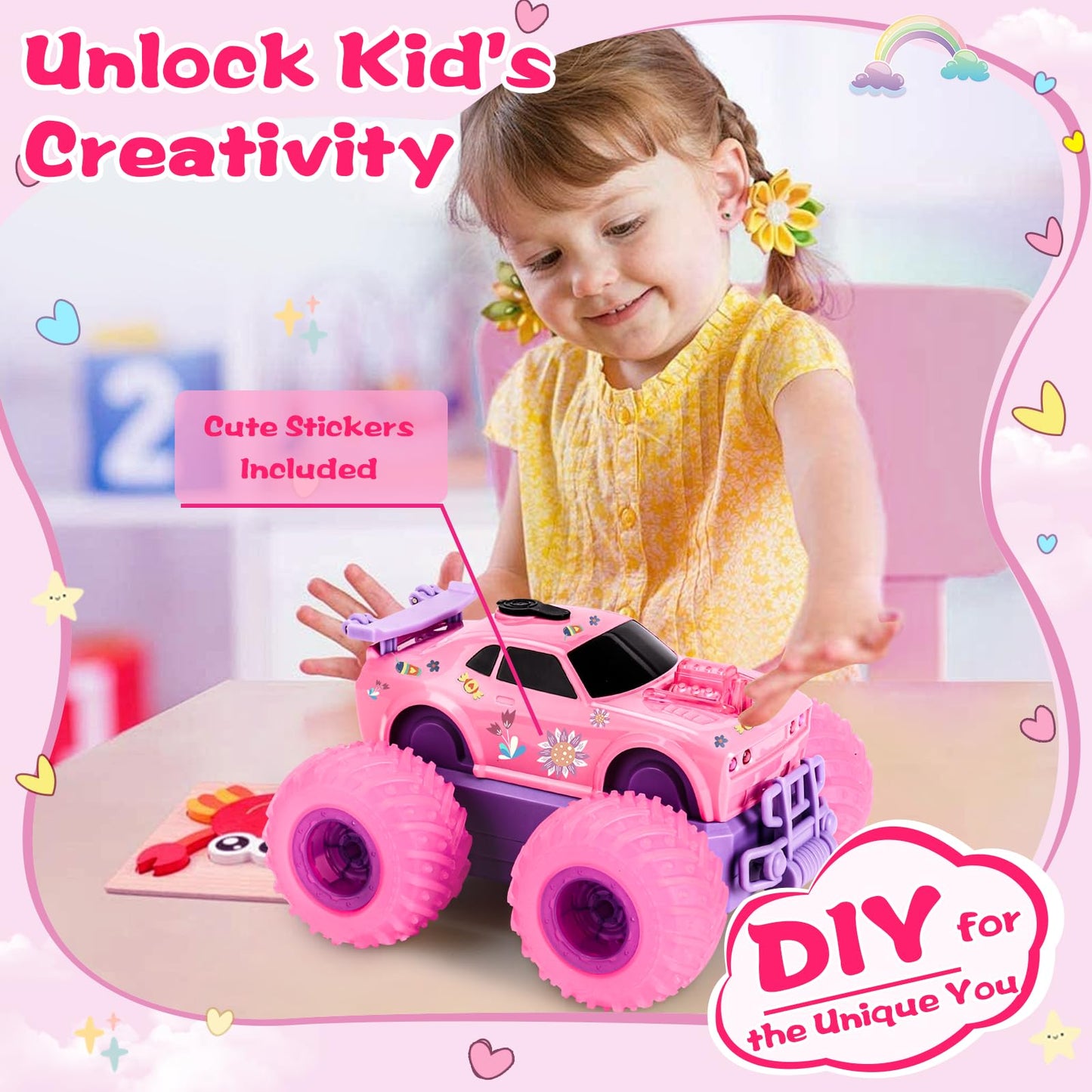Drefirsa Princess Remote Control Car for Girl, Pink Monster Truck with DIY Sticker, Headlight, Colorful Wheel Light, Rotation, Spin and Spray, Toy Car for Girl 3 4 5 6 7 8 Year Old Birthday Gift