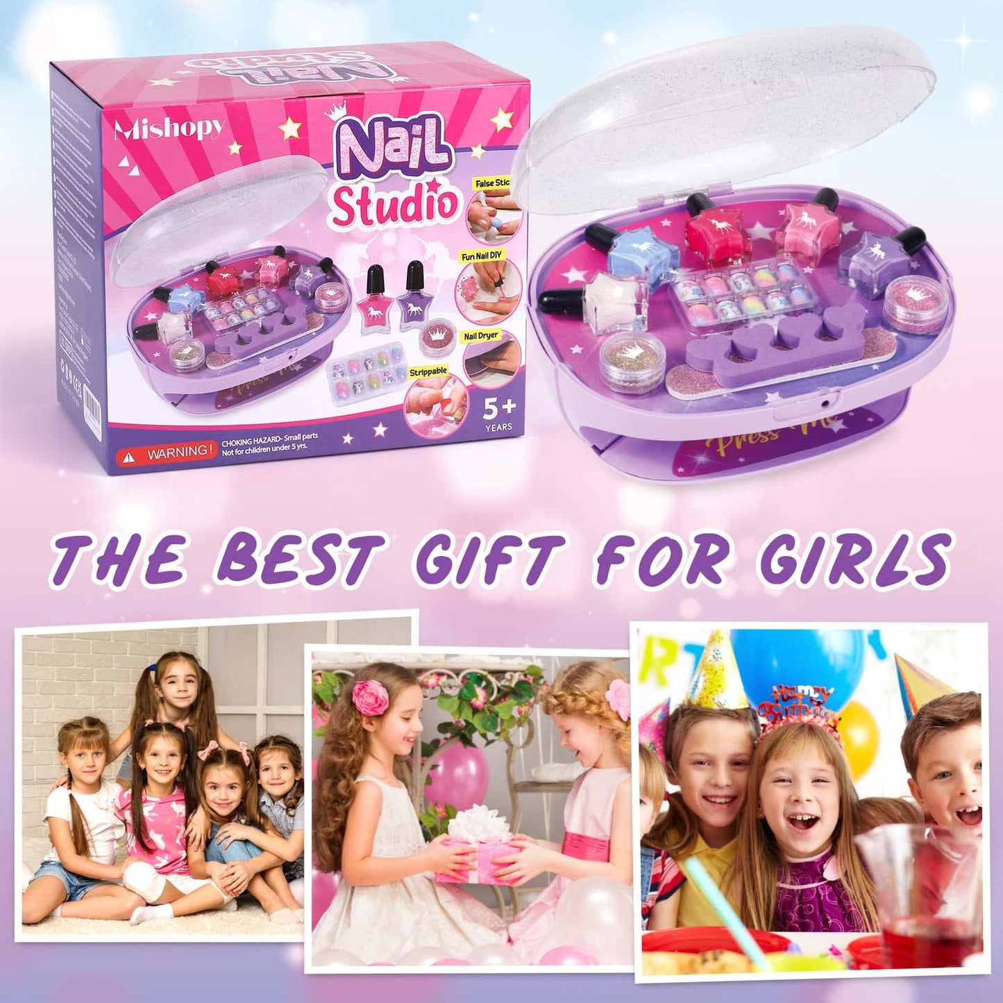 Golray Kids Nail Polish Set for Girls, All-in-One Nail Art Kit - Dryer/ Glitter Powder/ False Nails/ Nail Decals/ Toe Separator/File, Age 3-12 Little Girl Gift Toys