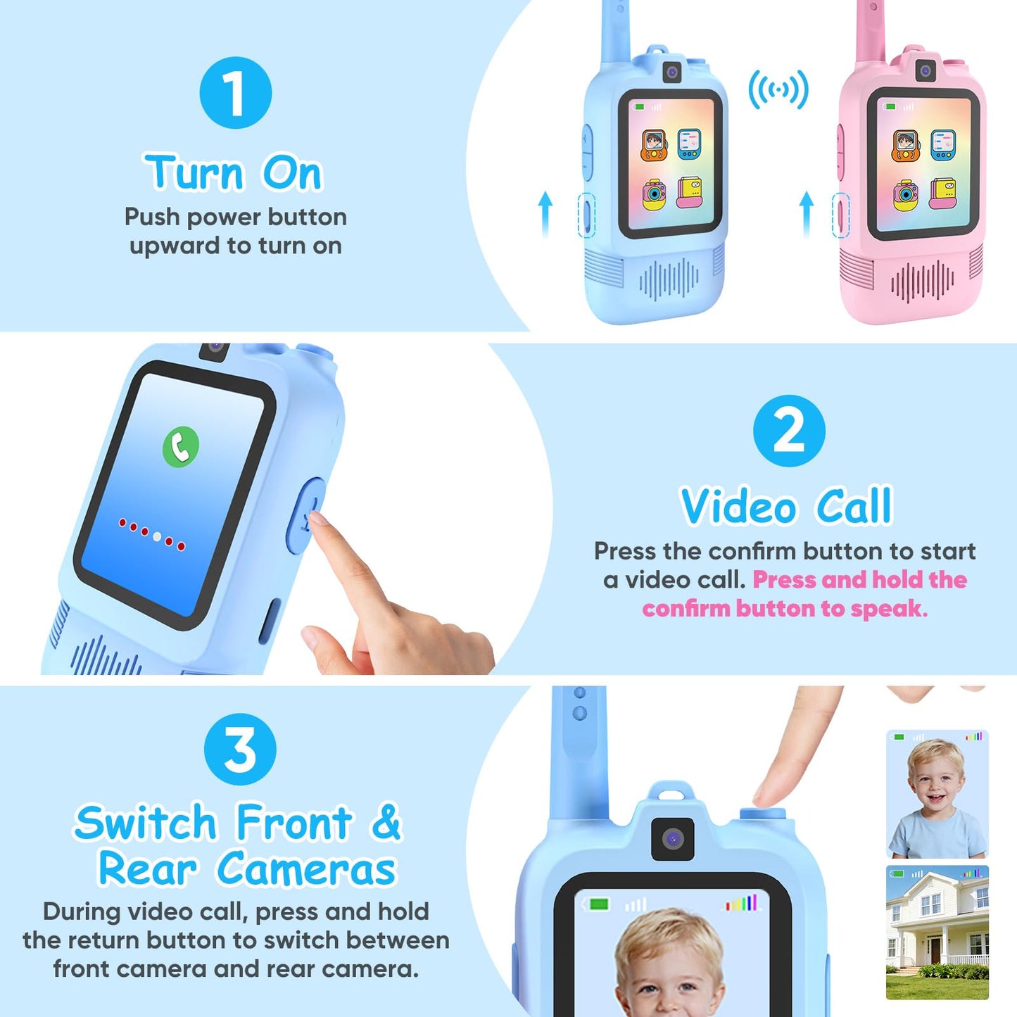 Video Walkie Talkies for Kids with Front and Rear Cameras, 2 Pack Long Range Rechargeable Kids Walkie Talkies with Video Call, Walkie Talkies Toy Gift for Indoor Outdoor Camping Hiking Boys Girls