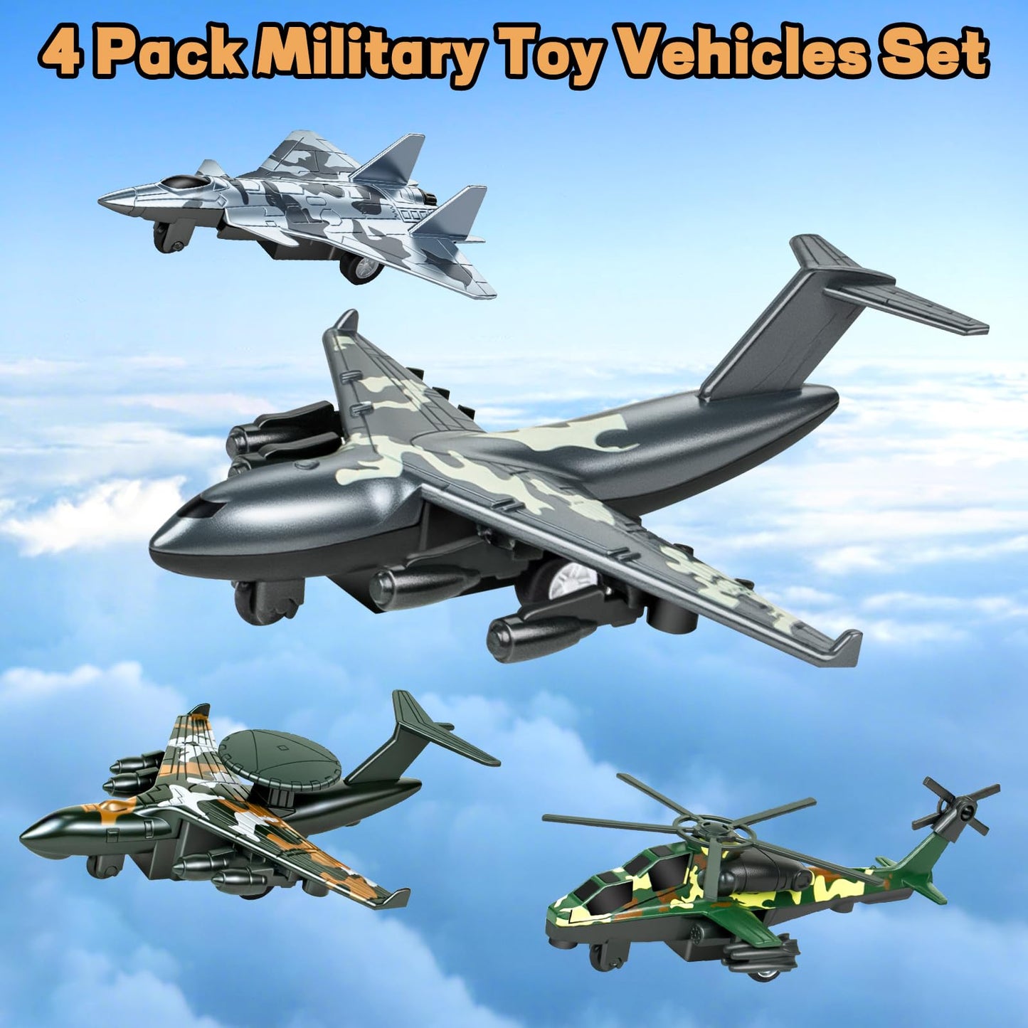 Tcvents 4 Pack Diecast Airplane Toys, Alloy Army Aircraft Plane Model Toys Camouflage Military Fighter Jet Helicopter Toy Pull Back Kids Play Vehicles for 3 4 5 6 7-9 Years Old Boys Girls Gift
