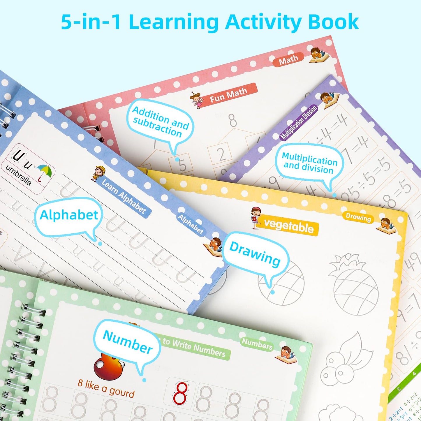 PracticeJQDEN Large Reusable Grooved Handwriting Practice Workbooks for Kids Ages 3-8 Magic Disappearing Ink & 3D Groove Preschool Kindergarten Children Writing Books 5-Book Set with Pen Grips