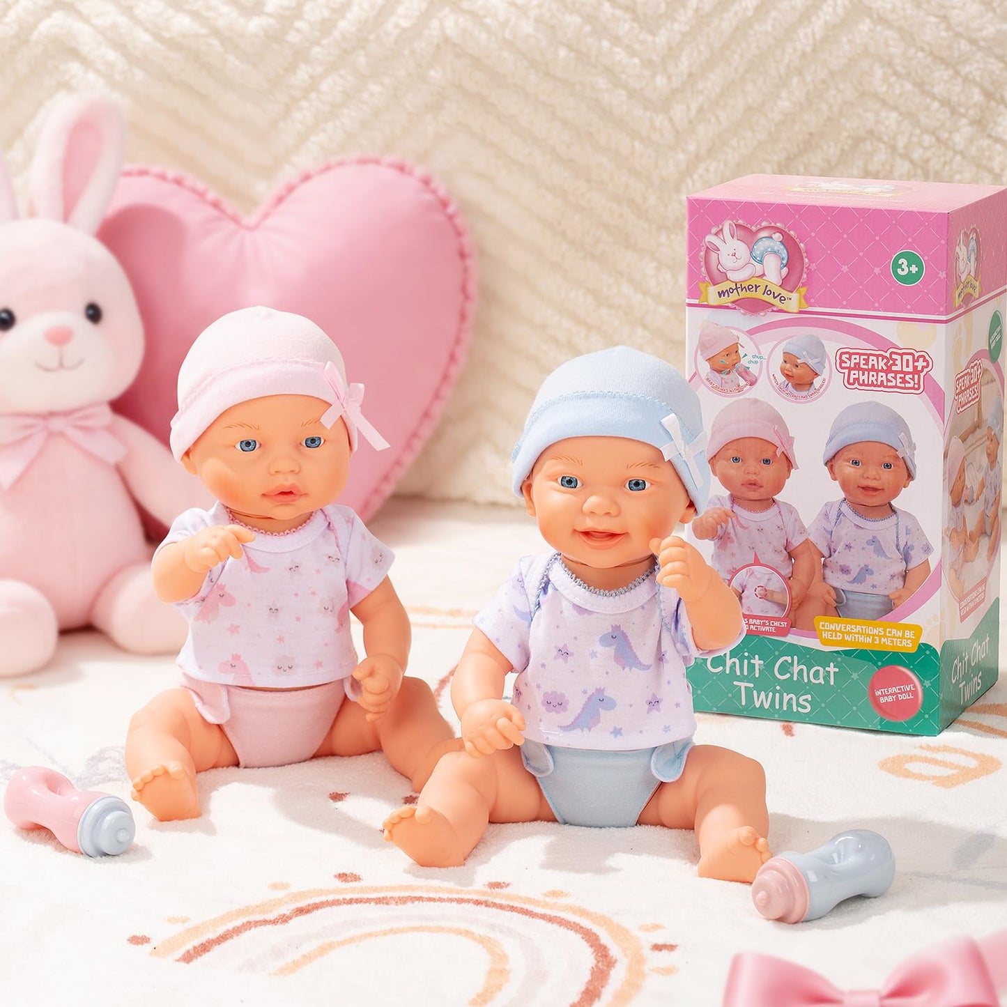 Mother Love Interactive Twin Baby Dolls,13 inch Talking Baby Doll, Interactive Baby Dolls with Sounds,with Feeding Toy, for 3+ Year Old Girls and Boys Gifts