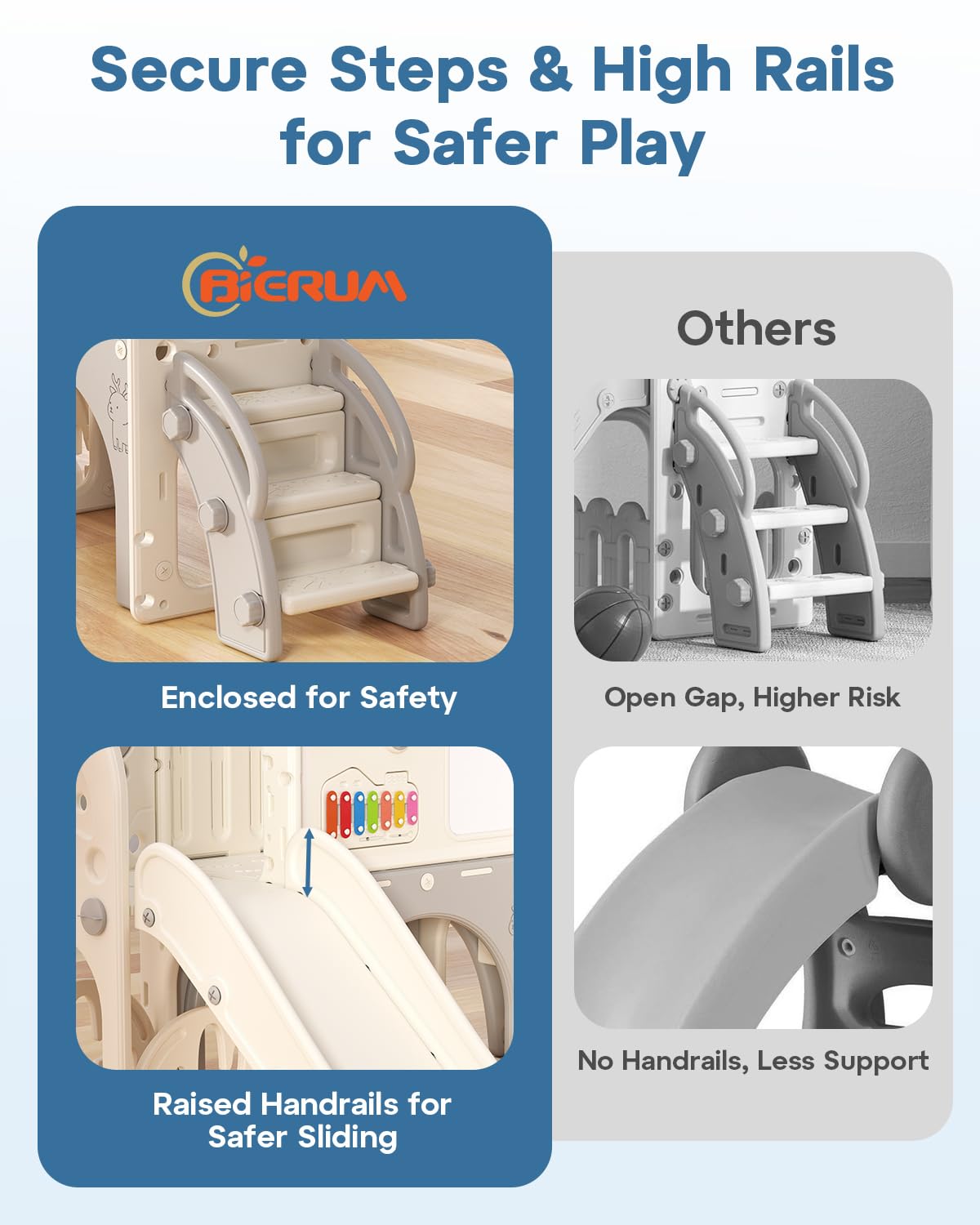 BIERUM Toddler Slide Set, 13 in 1 Kids Indoor Slide for Toddler 1-3, Indoor Outdoor Toddler Slide Playset with Basketball Hoop, Golf Game & Drawing Board, Baby Indoor Slide Playground, Cream&Gray