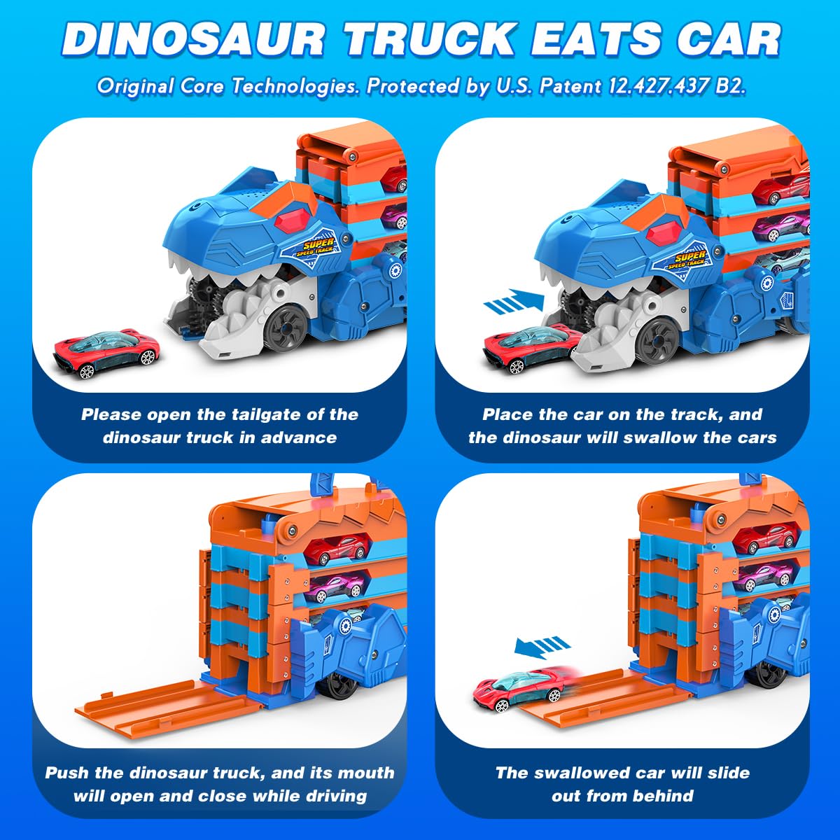 TERRAMUS Dinosaur Transport Truck Toy for Kids - 3 in 1 Ejection Folding Track Toys w/Sound 8 Race Cars, Portable Vehicles Set Best Gift for Boys Girls 3 4 5 6 Years Old - Possesses Invention Patents
